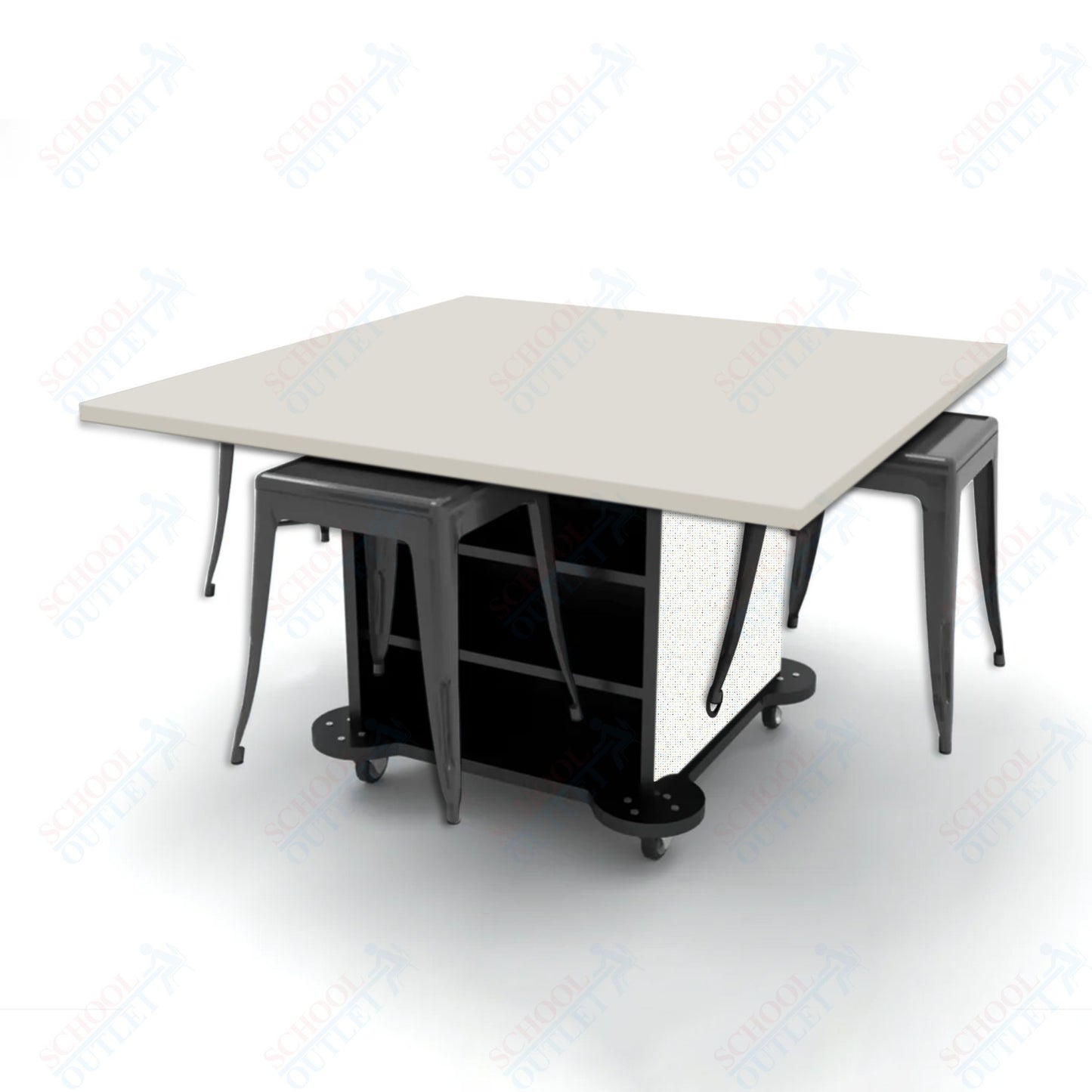 CEF Creation Cube Double-Sided Storage Table - 30"H, High-Pressure Laminate Base and Square Top - 4 Metal Stools Included
