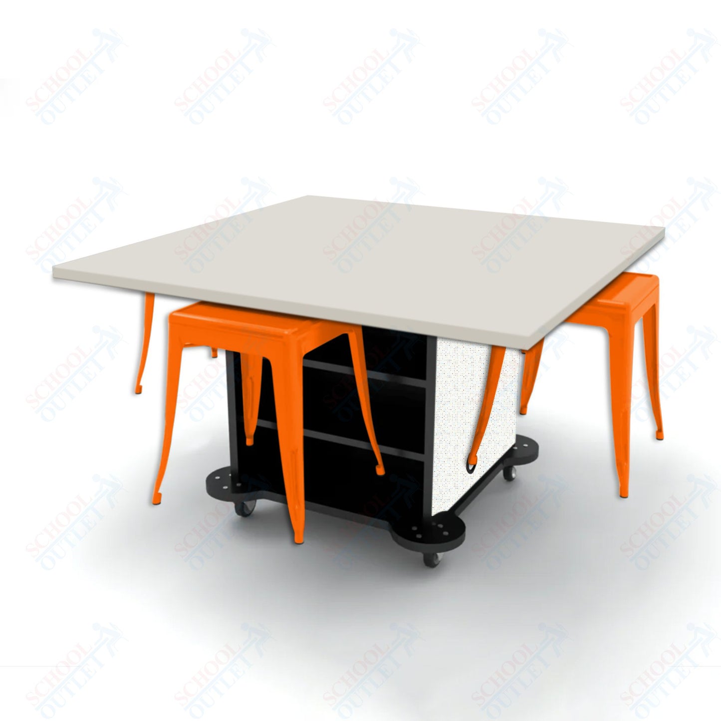 CEF Creation Cube Double-Sided Storage Table - 30"H, High-Pressure Laminate Base and Square Top - 4 Metal Stools Included