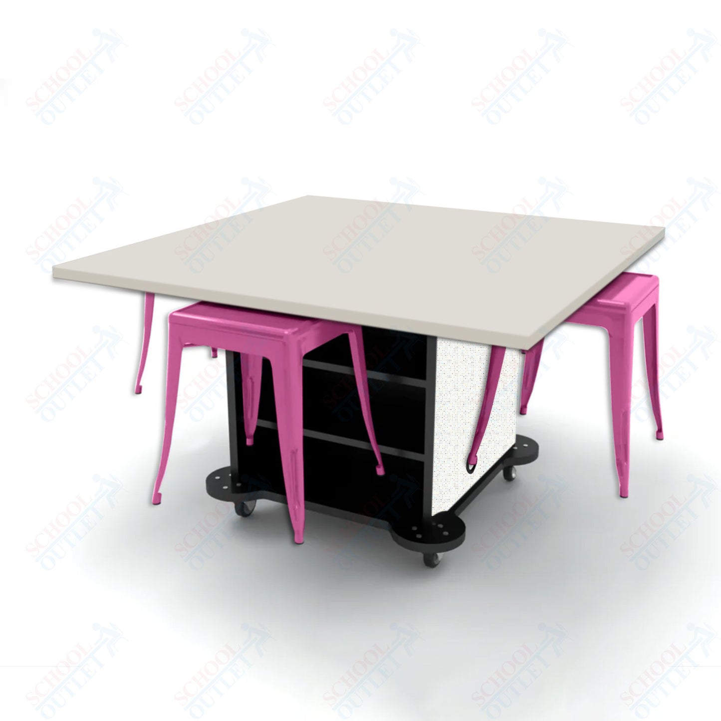 CEF Creation Cube Double-Sided Storage Table - 30"H, High-Pressure Laminate Base and Square Top - 4 Metal Stools Included