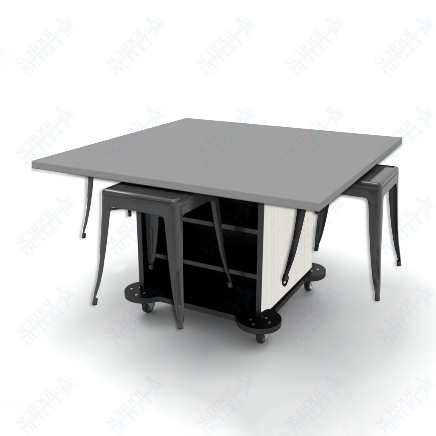 CEF Creation Cube Double-Sided Storage Table - 30"H, High-Pressure Laminate Base and Square Top - 4 Metal Stools Included