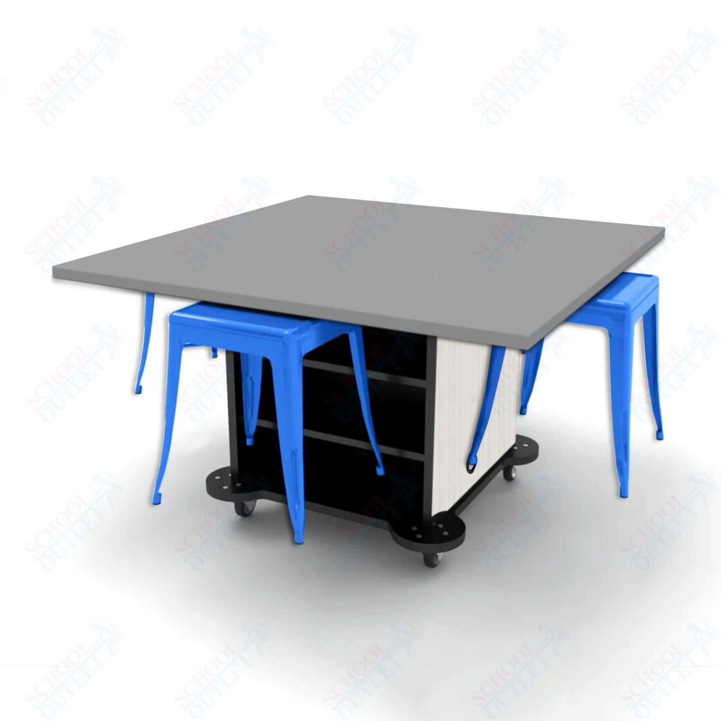 CEF Creation Cube Double-Sided Storage Table - 30"H, High-Pressure Laminate Base and Square Top - 4 Metal Stools Included