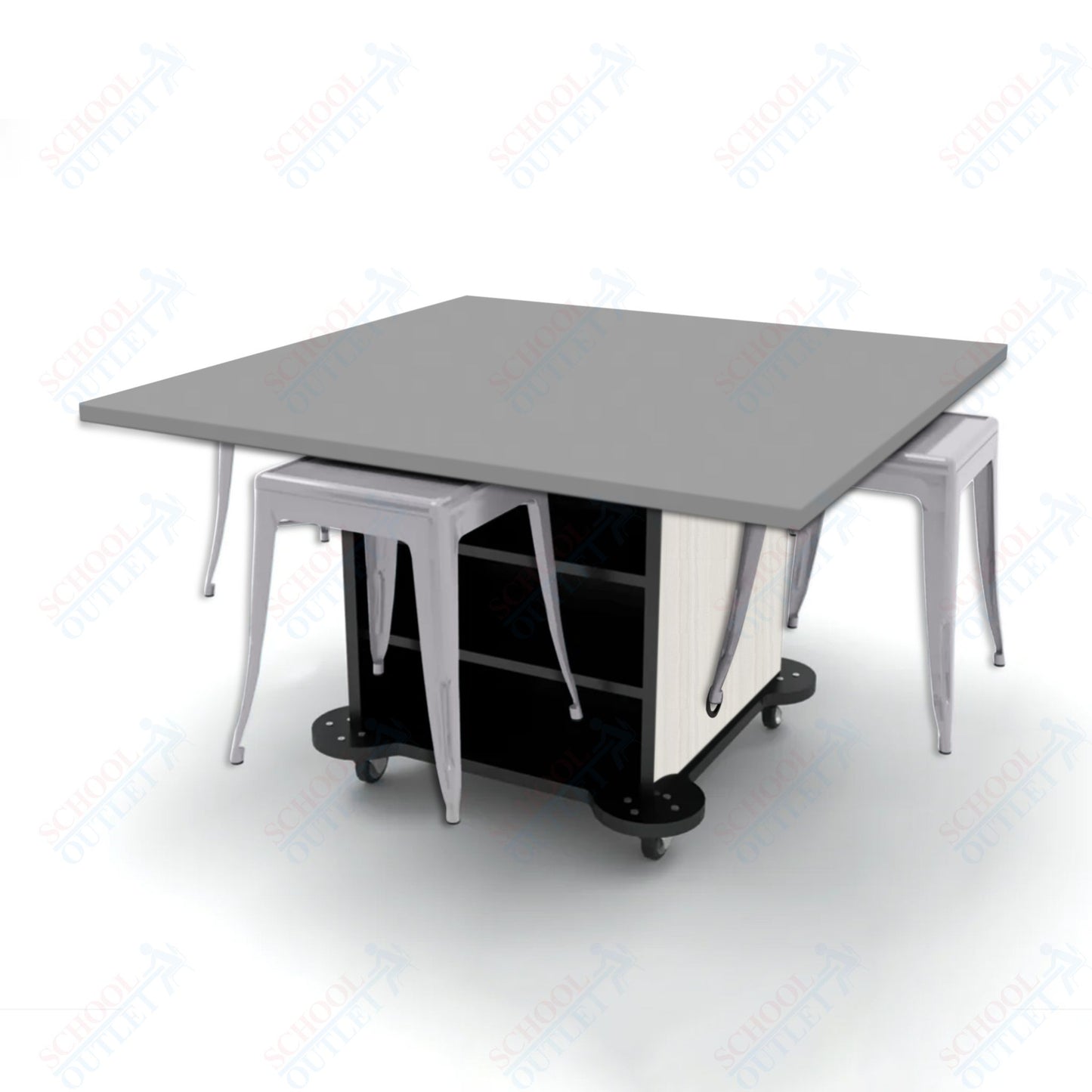 CEF Creation Cube Double-Sided Storage Table - 30"H, High-Pressure Laminate Base and Square Top - 4 Metal Stools Included