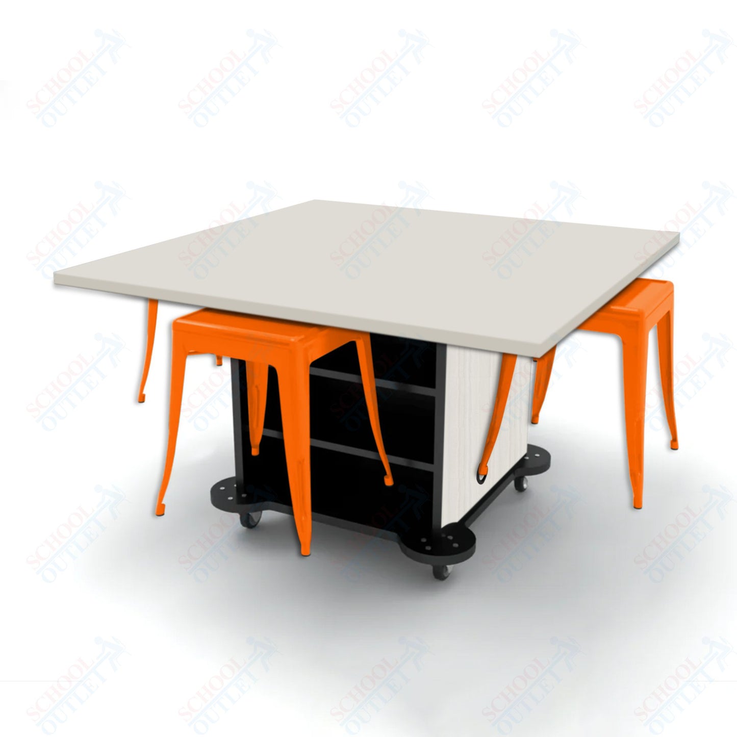 CEF Creation Cube Double-Sided Storage Table - 30"H, High-Pressure Laminate Base and Square Top - 4 Metal Stools Included