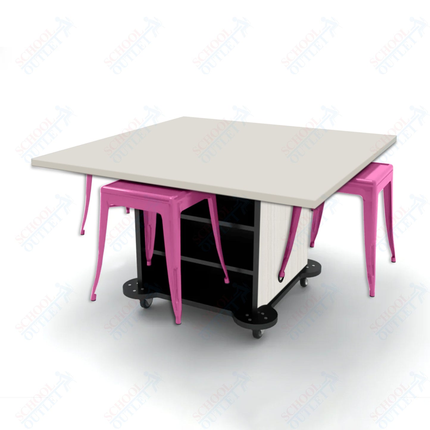 CEF Creation Cube Double-Sided Storage Table - 30"H, High-Pressure Laminate Base and Square Top - 4 Metal Stools Included