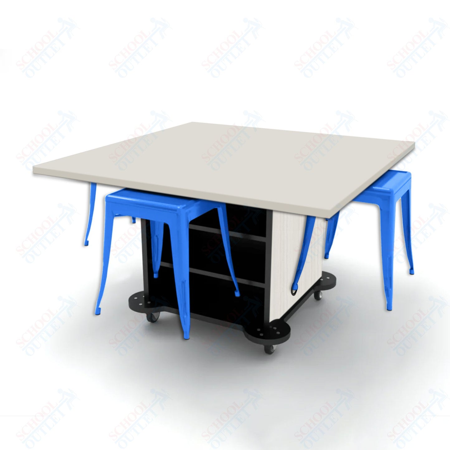 CEF Creation Cube Double-Sided Storage Table - 30"H, High-Pressure Laminate Base and Square Top - 4 Metal Stools Included