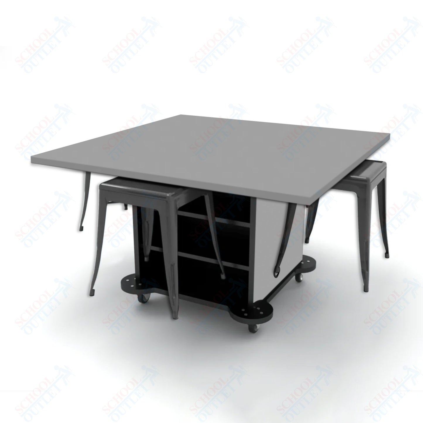 CEF Creation Cube Double-Sided Storage Table - 30"H, High-Pressure Laminate Base and Square Top - 4 Metal Stools Included