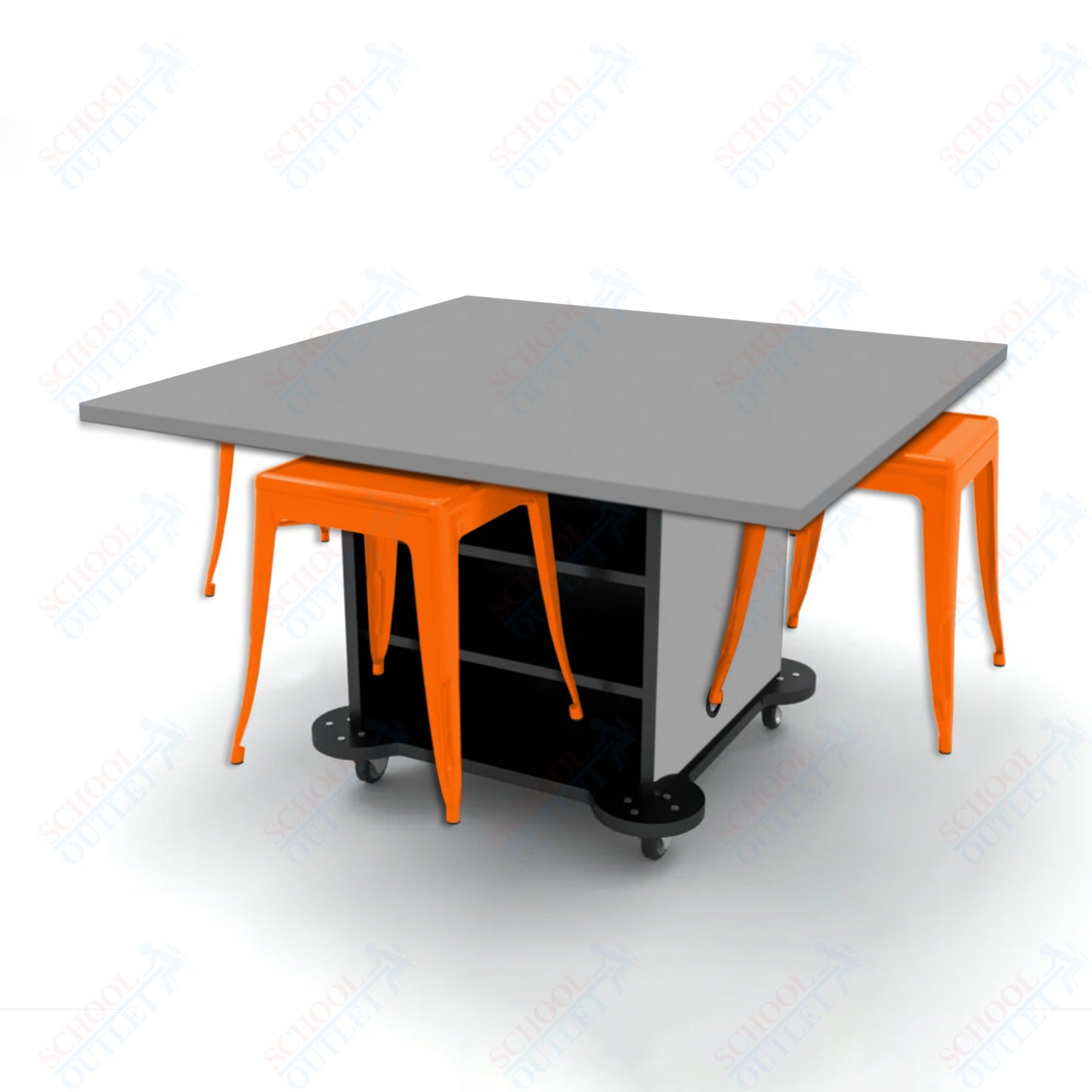 CEF Creation Cube Double-Sided Storage Table - 30"H, High-Pressure Laminate Base and Square Top - 4 Metal Stools Included