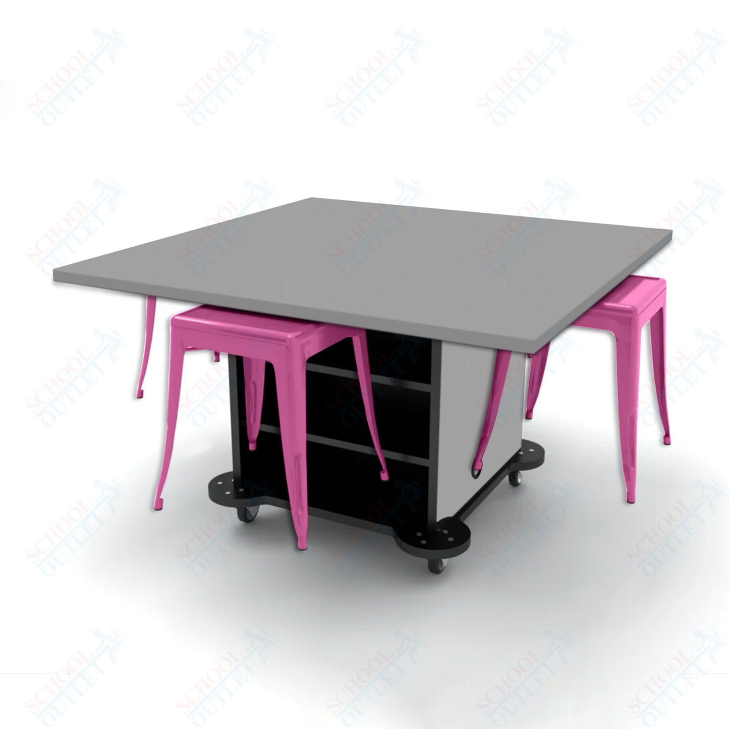 CEF Creation Cube Double-Sided Storage Table - 30"H, High-Pressure Laminate Base and Square Top - 4 Metal Stools Included