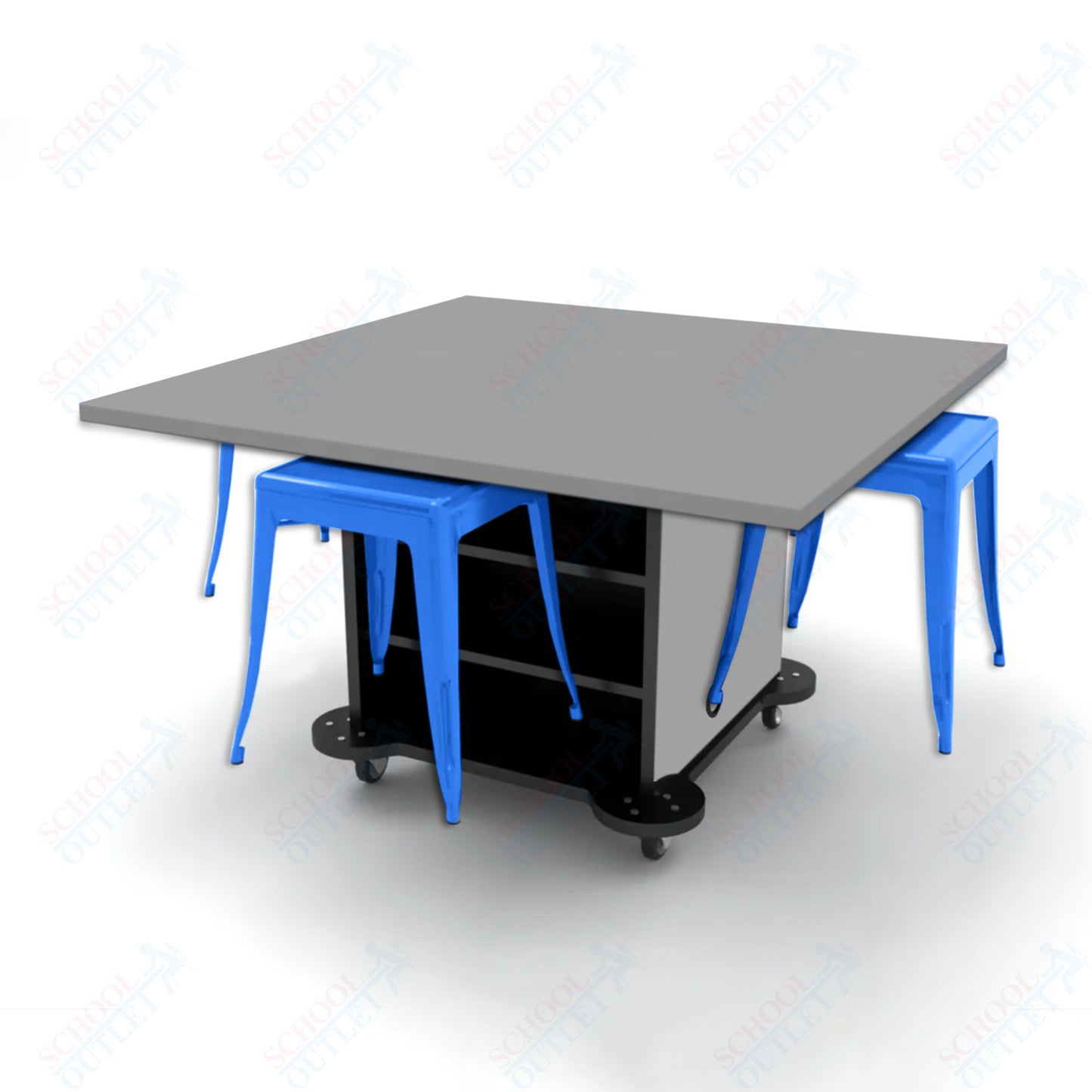 CEF Creation Cube Double-Sided Storage Table - 30"H, High-Pressure Laminate Base and Square Top - 4 Metal Stools Included