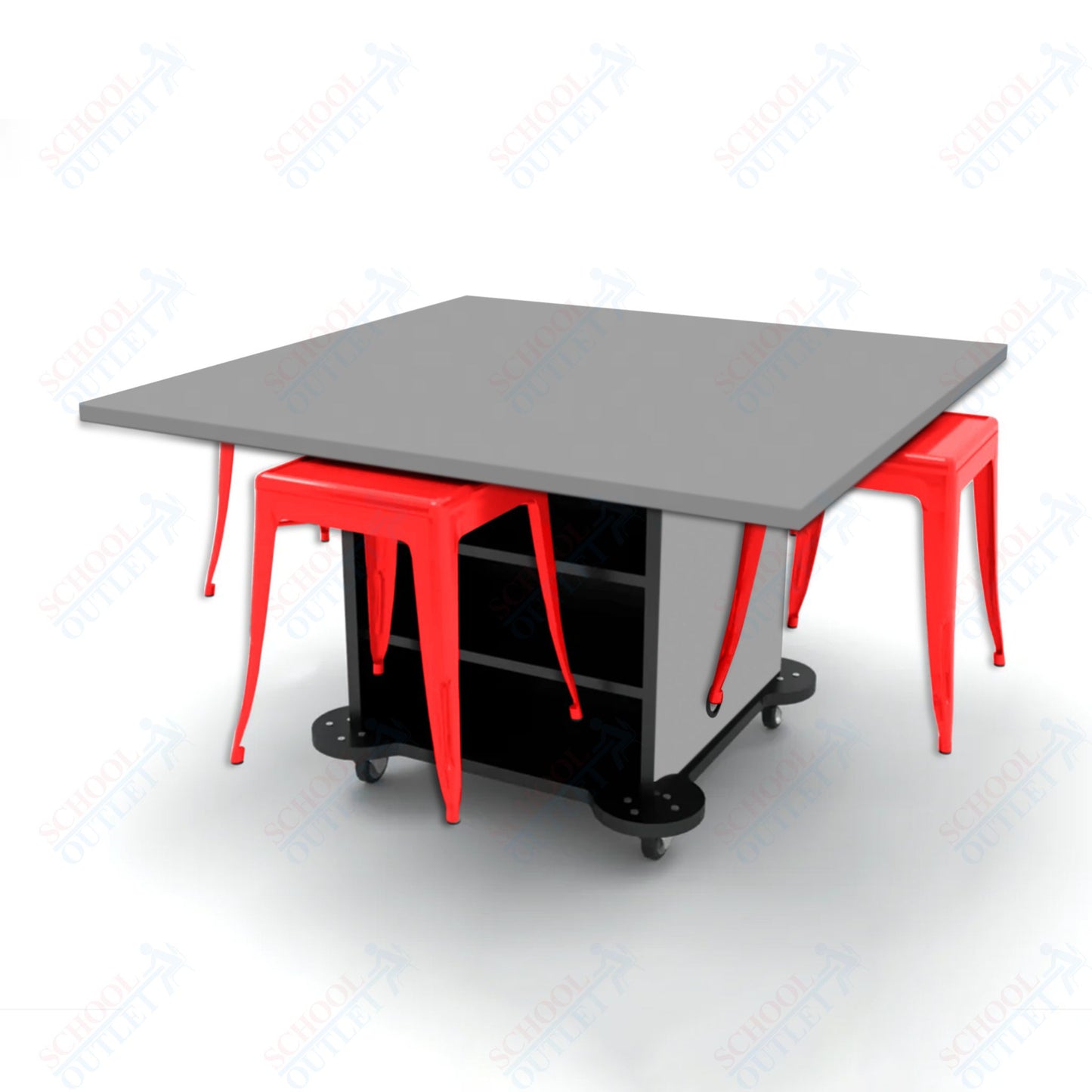 CEF Creation Cube Double-Sided Storage Table - 30"H, High-Pressure Laminate Base and Square Top - 4 Metal Stools Included
