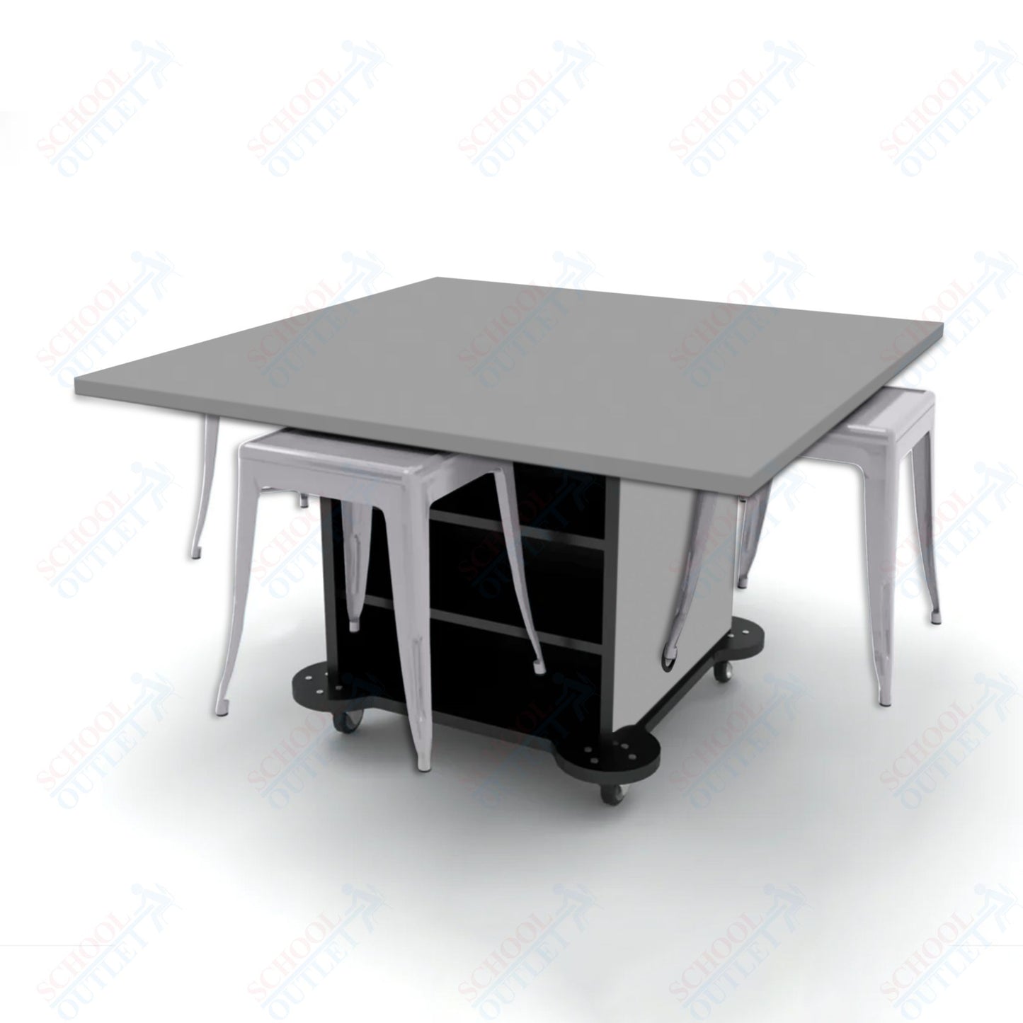 CEF Creation Cube Double-Sided Storage Table - 30"H, High-Pressure Laminate Base and Square Top - 4 Metal Stools Included