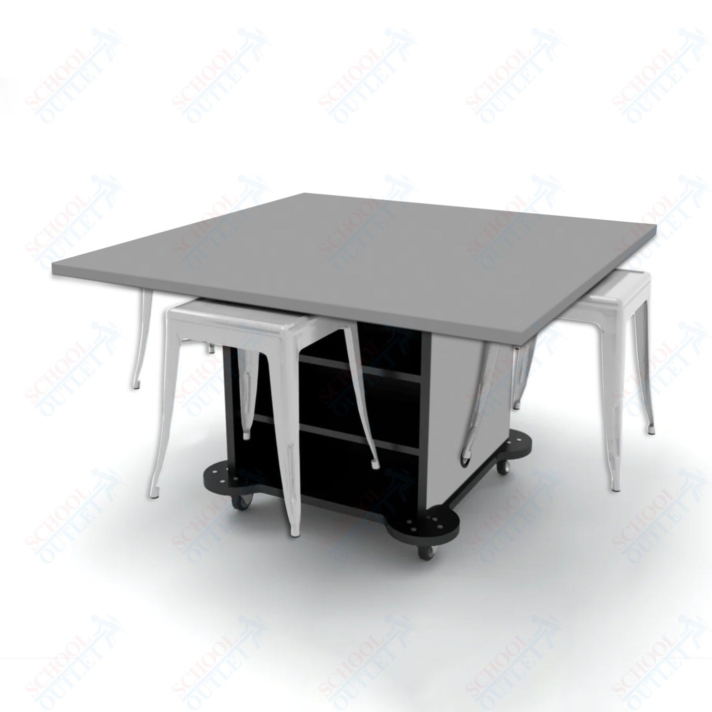 CEF Creation Cube Double-Sided Storage Table - 30"H, High-Pressure Laminate Base and Square Top - 4 Metal Stools Included