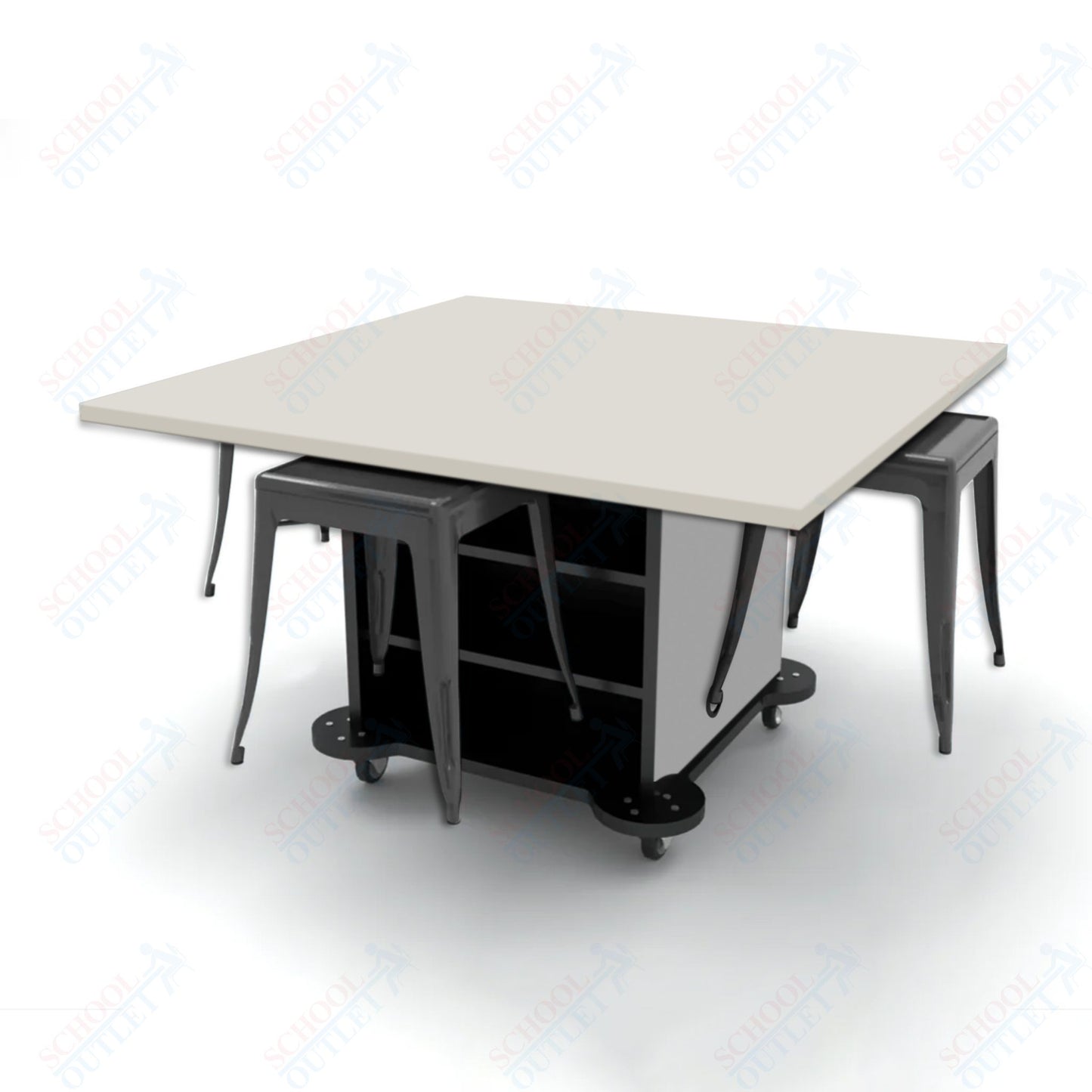 CEF Creation Cube Double-Sided Storage Table - 30"H, High-Pressure Laminate Base and Square Top - 4 Metal Stools Included
