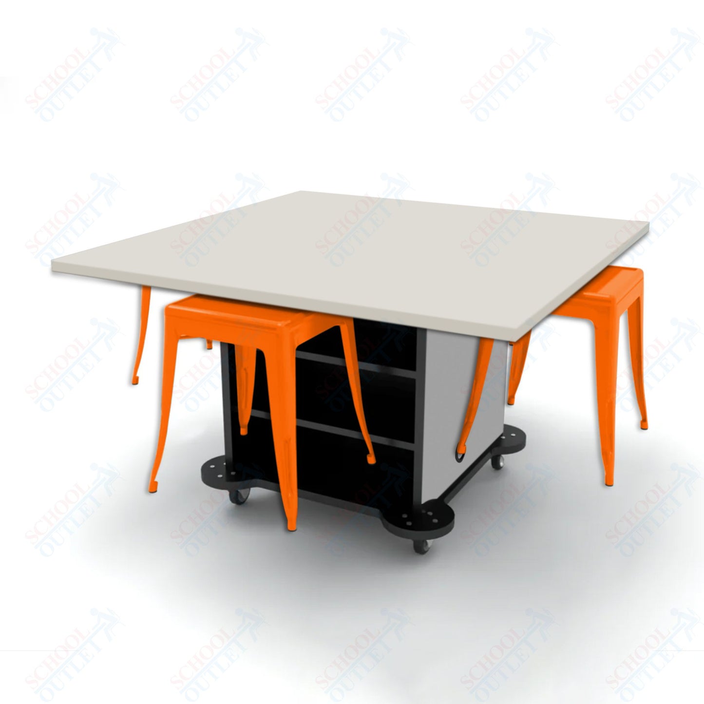 CEF Creation Cube Double-Sided Storage Table - 30"H, High-Pressure Laminate Base and Square Top - 4 Metal Stools Included