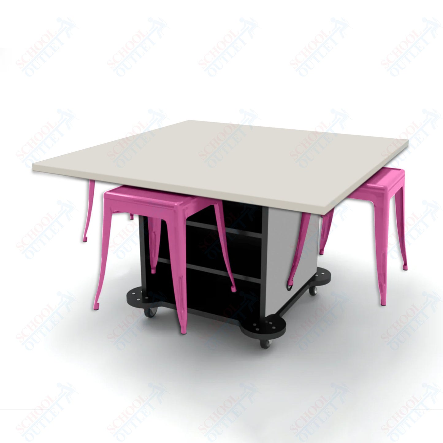 CEF Creation Cube Double-Sided Storage Table - 30"H, High-Pressure Laminate Base and Square Top - 4 Metal Stools Included