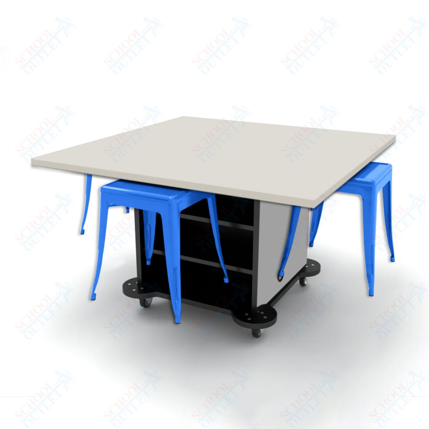 CEF Creation Cube Double-Sided Storage Table - 30"H, High-Pressure Laminate Base and Square Top - 4 Metal Stools Included