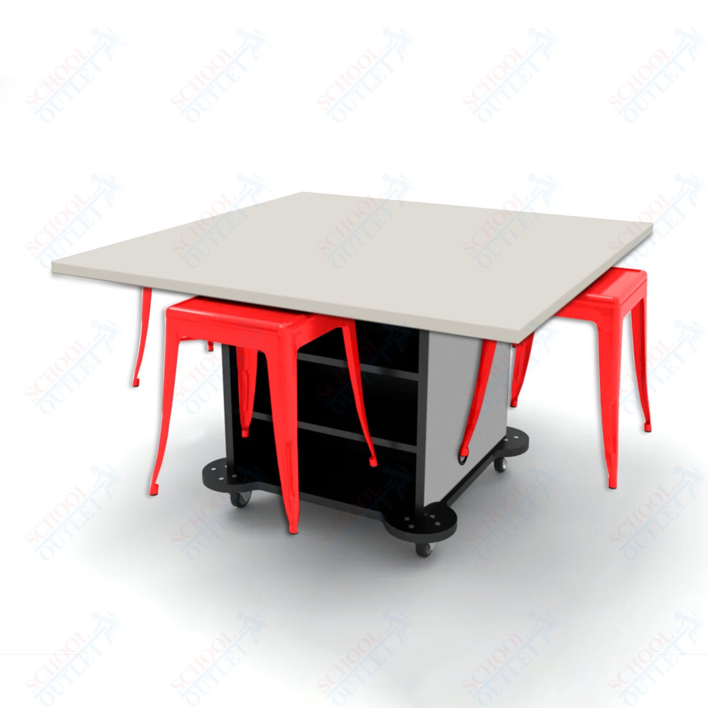 CEF Creation Cube Double-Sided Storage Table - 30"H, High-Pressure Laminate Base and Square Top - 4 Metal Stools Included