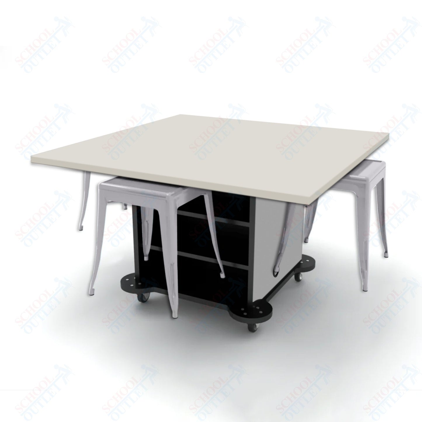 CEF Creation Cube Double-Sided Storage Table - 30"H, High-Pressure Laminate Base and Square Top - 4 Metal Stools Included