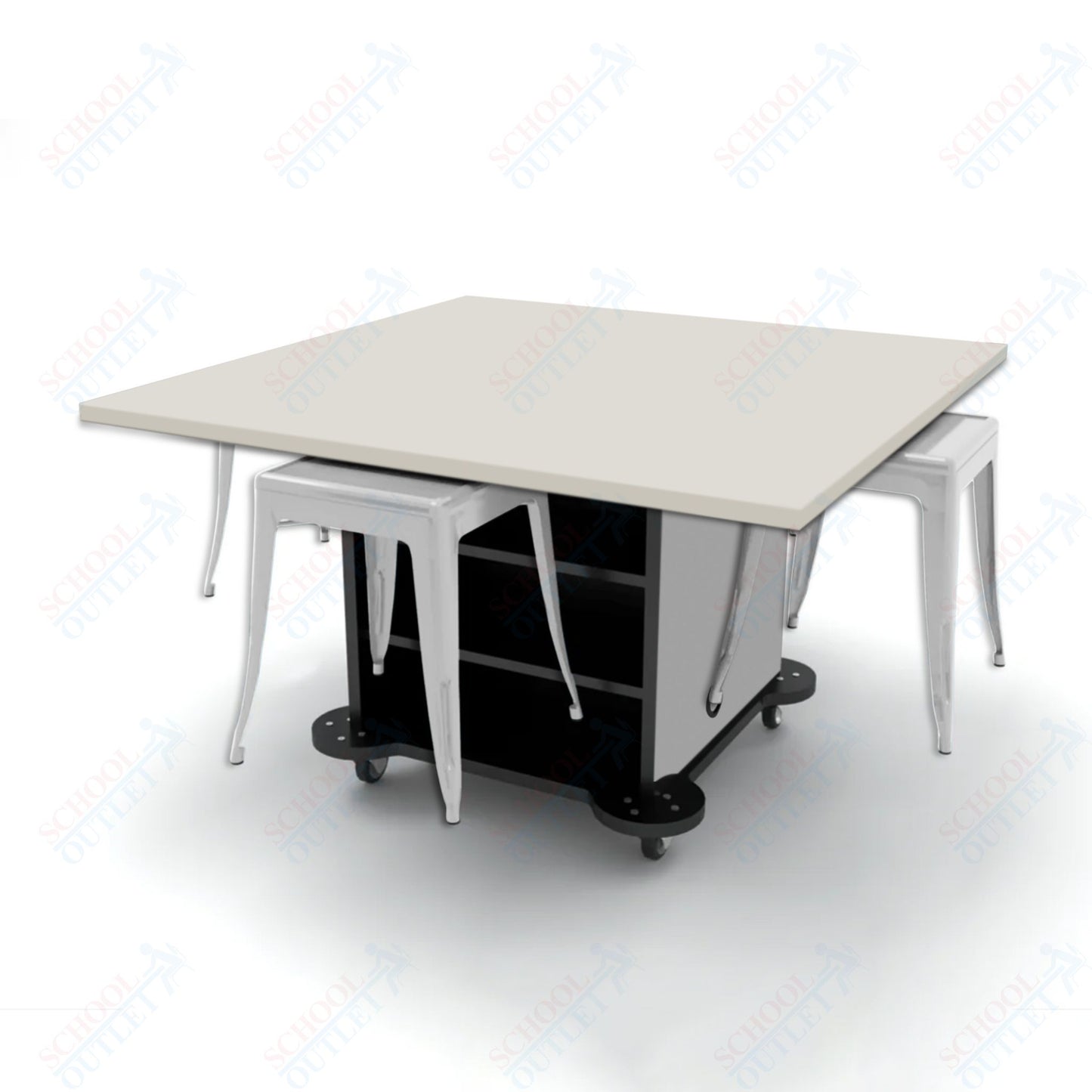 CEF Creation Cube Double-Sided Storage Table - 30"H, High-Pressure Laminate Base and Square Top - 4 Metal Stools Included
