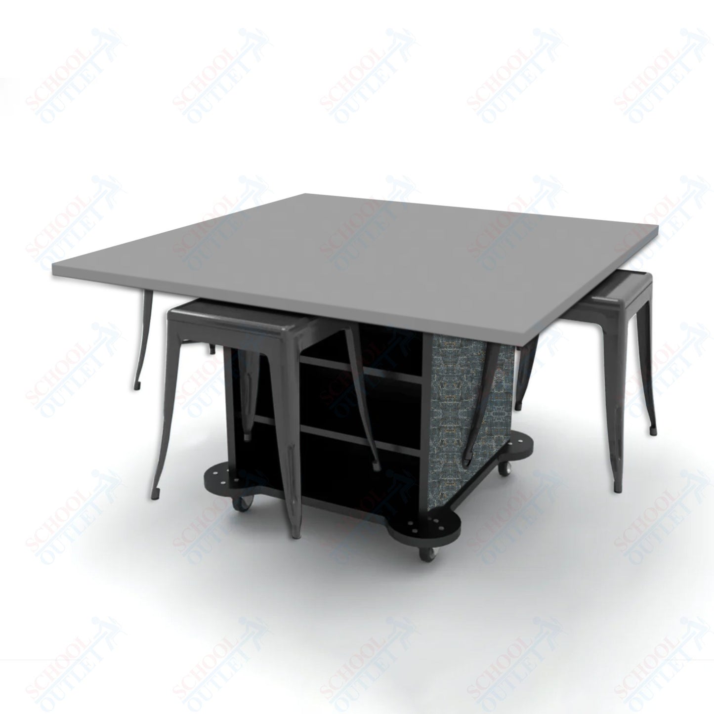 CEF Creation Cube Double-Sided Storage Table - 30"H, High-Pressure Laminate Base and Square Top - 4 Metal Stools Included