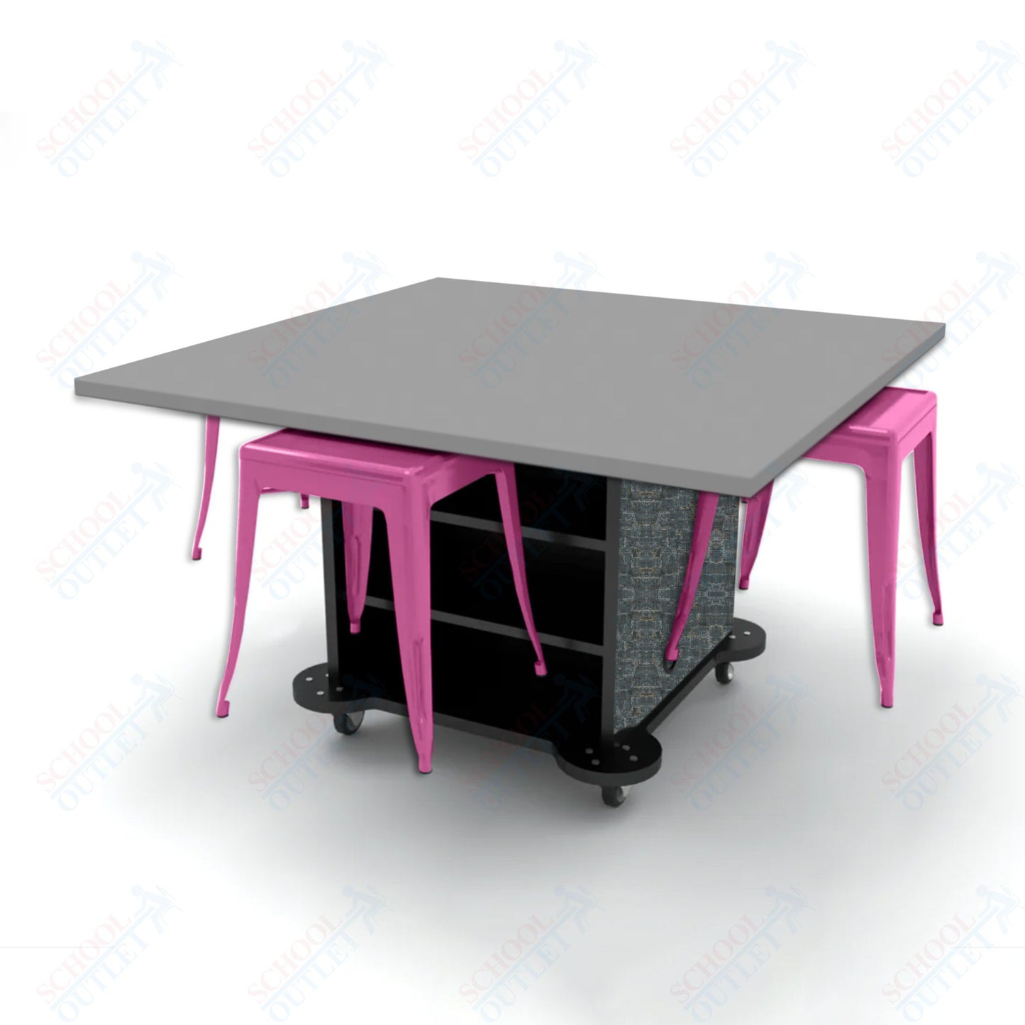 CEF Creation Cube Double-Sided Storage Table - 30"H, High-Pressure Laminate Base and Square Top - 4 Metal Stools Included