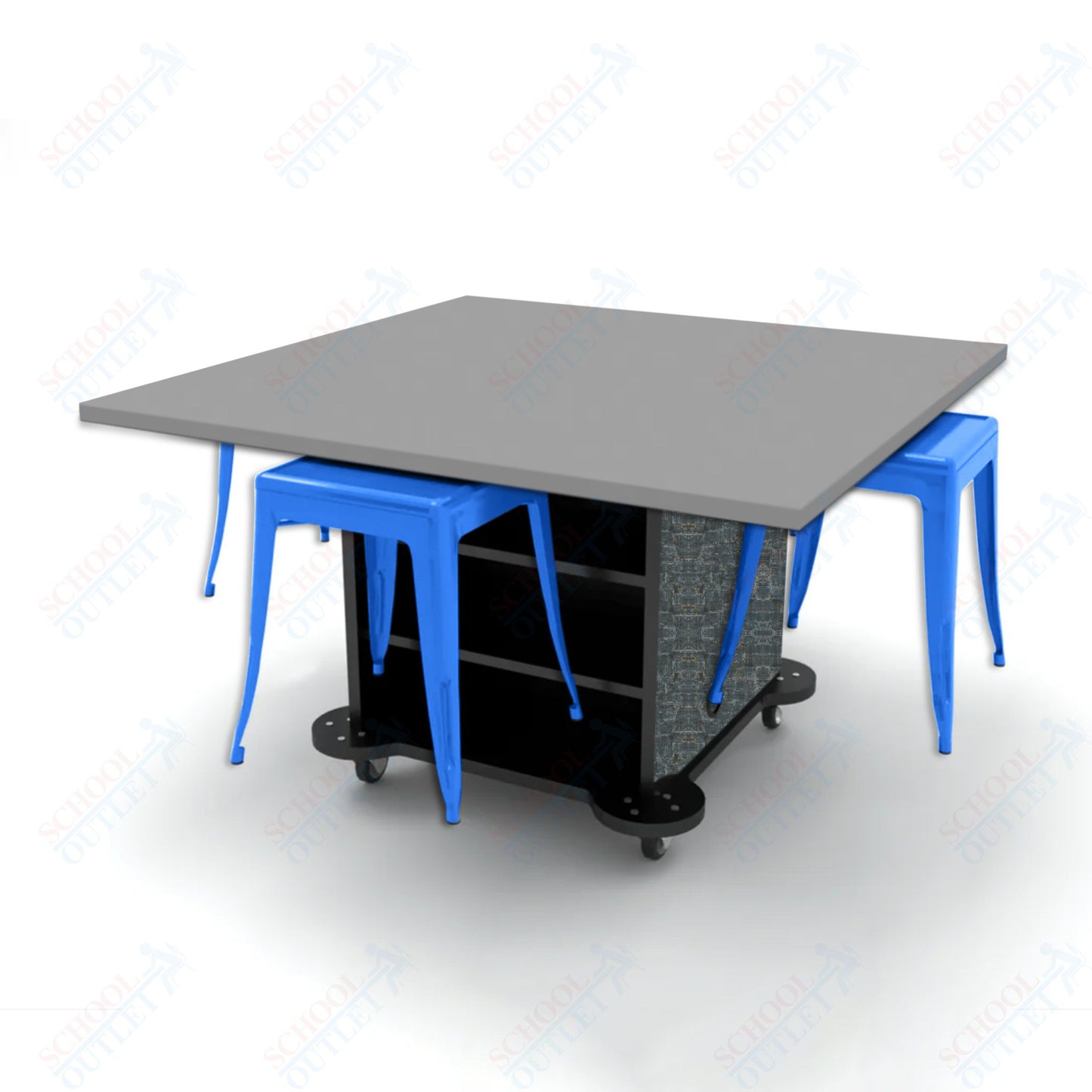 CEF Creation Cube Double-Sided Storage Table - 30"H, High-Pressure Laminate Base and Square Top - 4 Metal Stools Included