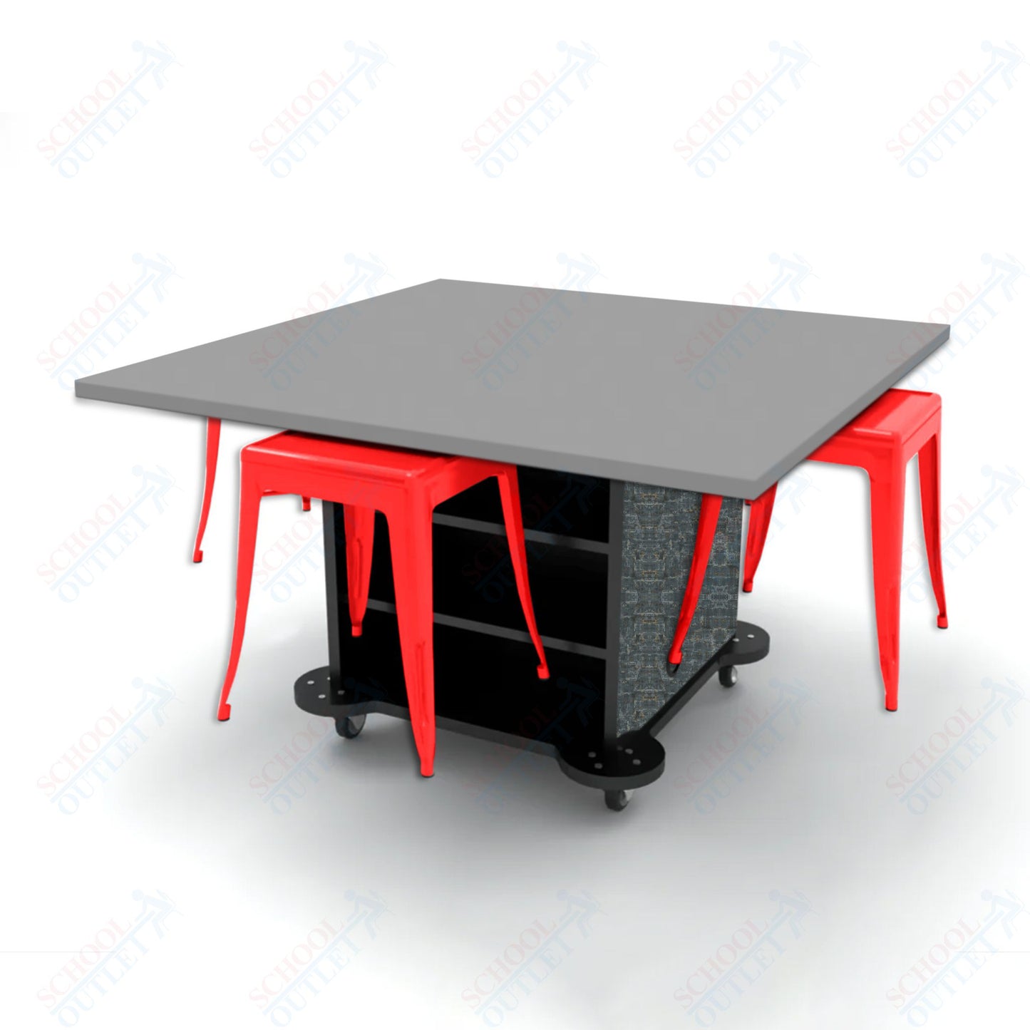 CEF Creation Cube Double-Sided Storage Table - 30"H, High-Pressure Laminate Base and Square Top - 4 Metal Stools Included