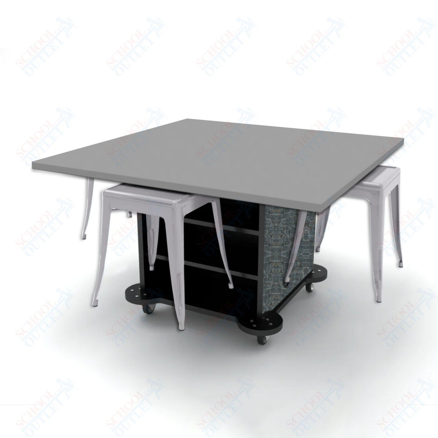 CEF Creation Cube Double-Sided Storage Table - 30"H, High-Pressure Laminate Base and Square Top - 4 Metal Stools Included