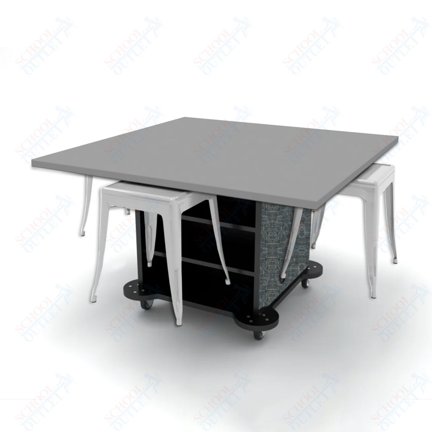 CEF Creation Cube Double-Sided Storage Table - 30"H, High-Pressure Laminate Base and Square Top - 4 Metal Stools Included