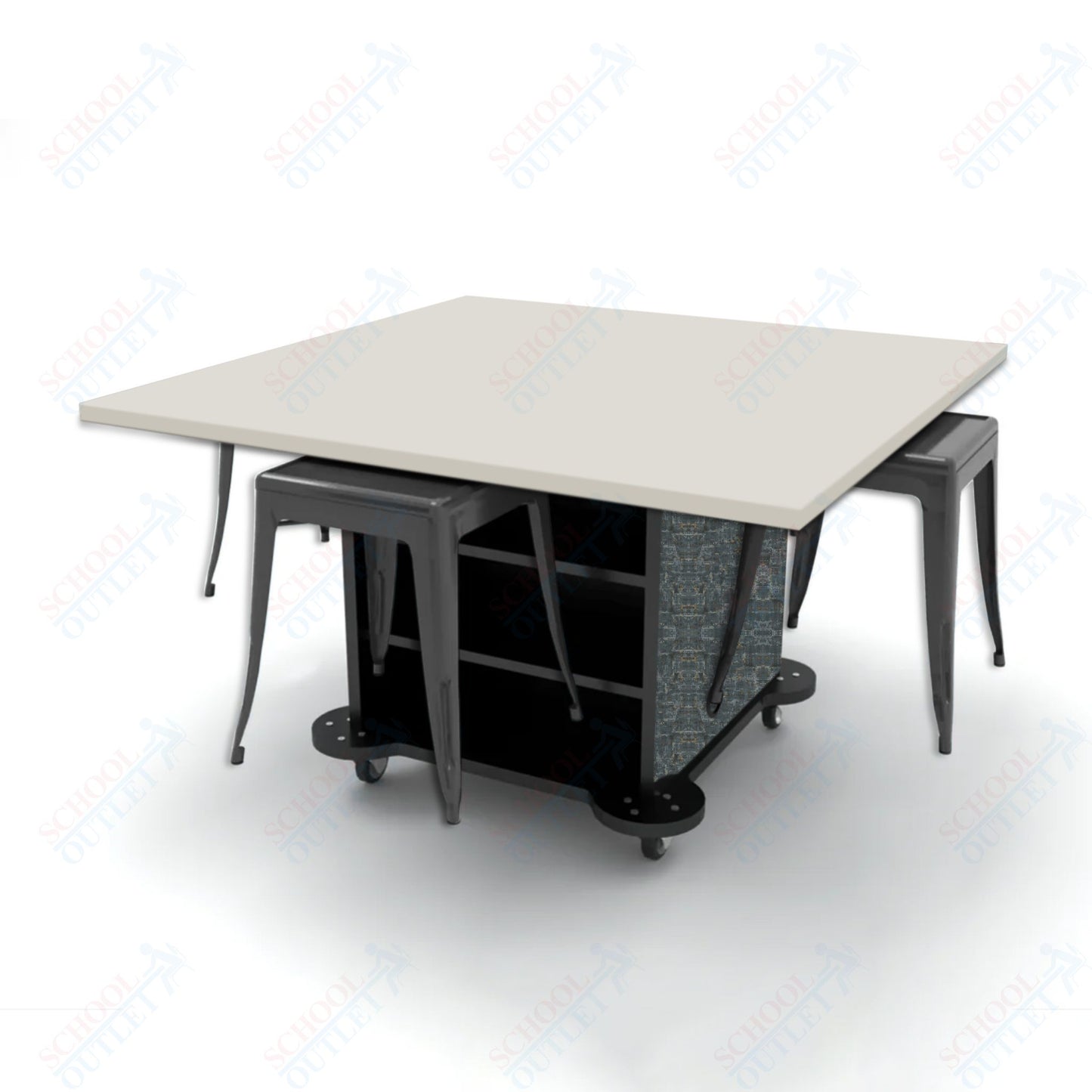 CEF Creation Cube Double-Sided Storage Table - 30"H, High-Pressure Laminate Base and Square Top - 4 Metal Stools Included