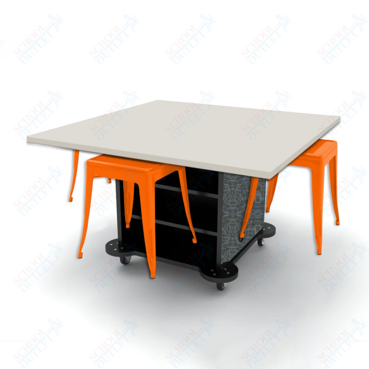 CEF Creation Cube Double-Sided Storage Table - 30"H, High-Pressure Laminate Base and Square Top - 4 Metal Stools Included