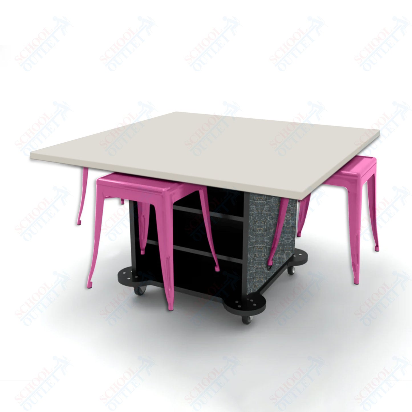 CEF Creation Cube Double-Sided Storage Table - 30"H, High-Pressure Laminate Base and Square Top - 4 Metal Stools Included