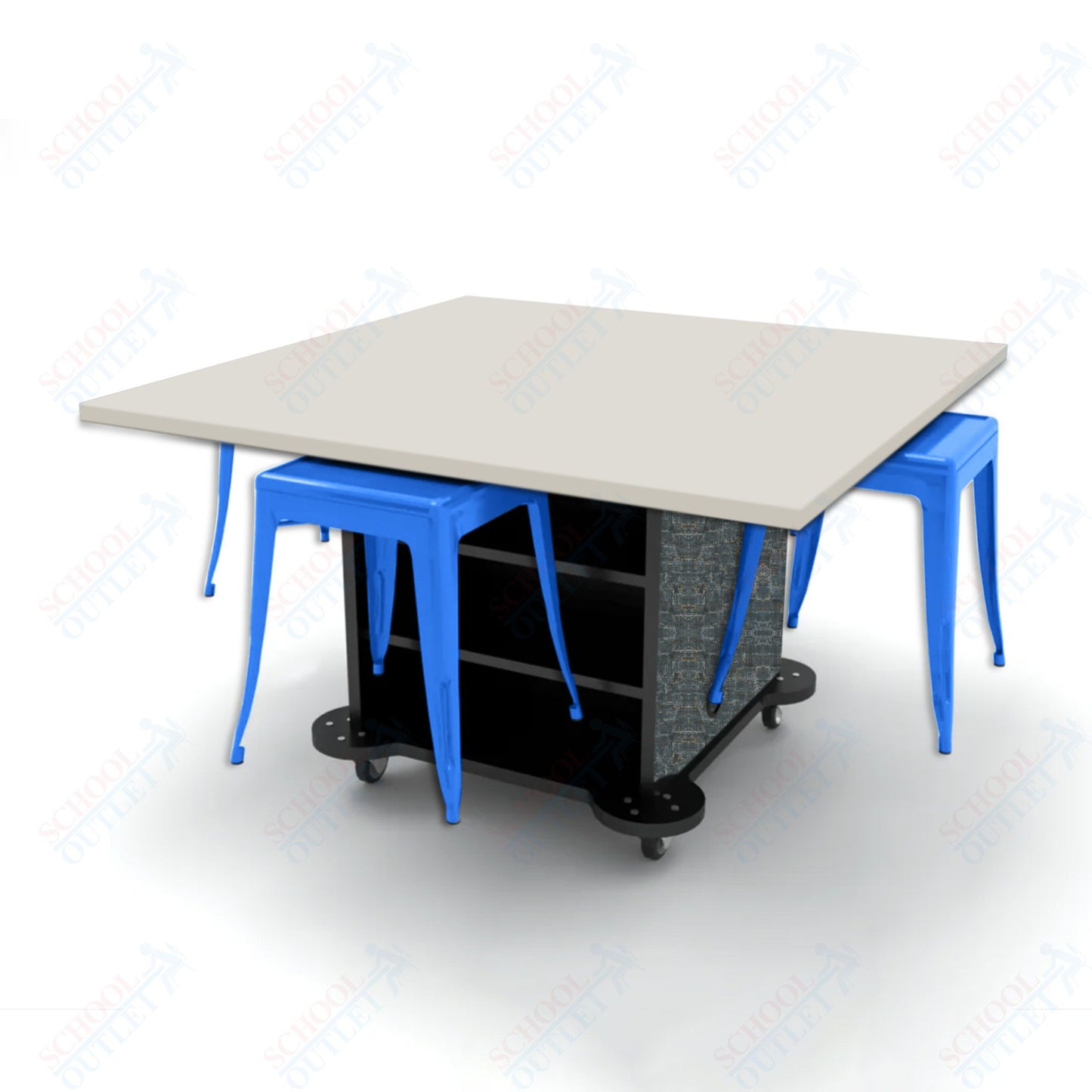 CEF Creation Cube Double-Sided Storage Table - 30"H, High-Pressure Laminate Base and Square Top - 4 Metal Stools Included
