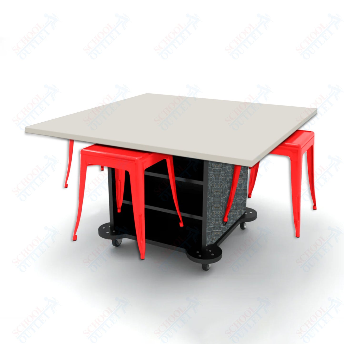 CEF Creation Cube Double-Sided Storage Table - 30"H, High-Pressure Laminate Base and Square Top - 4 Metal Stools Included