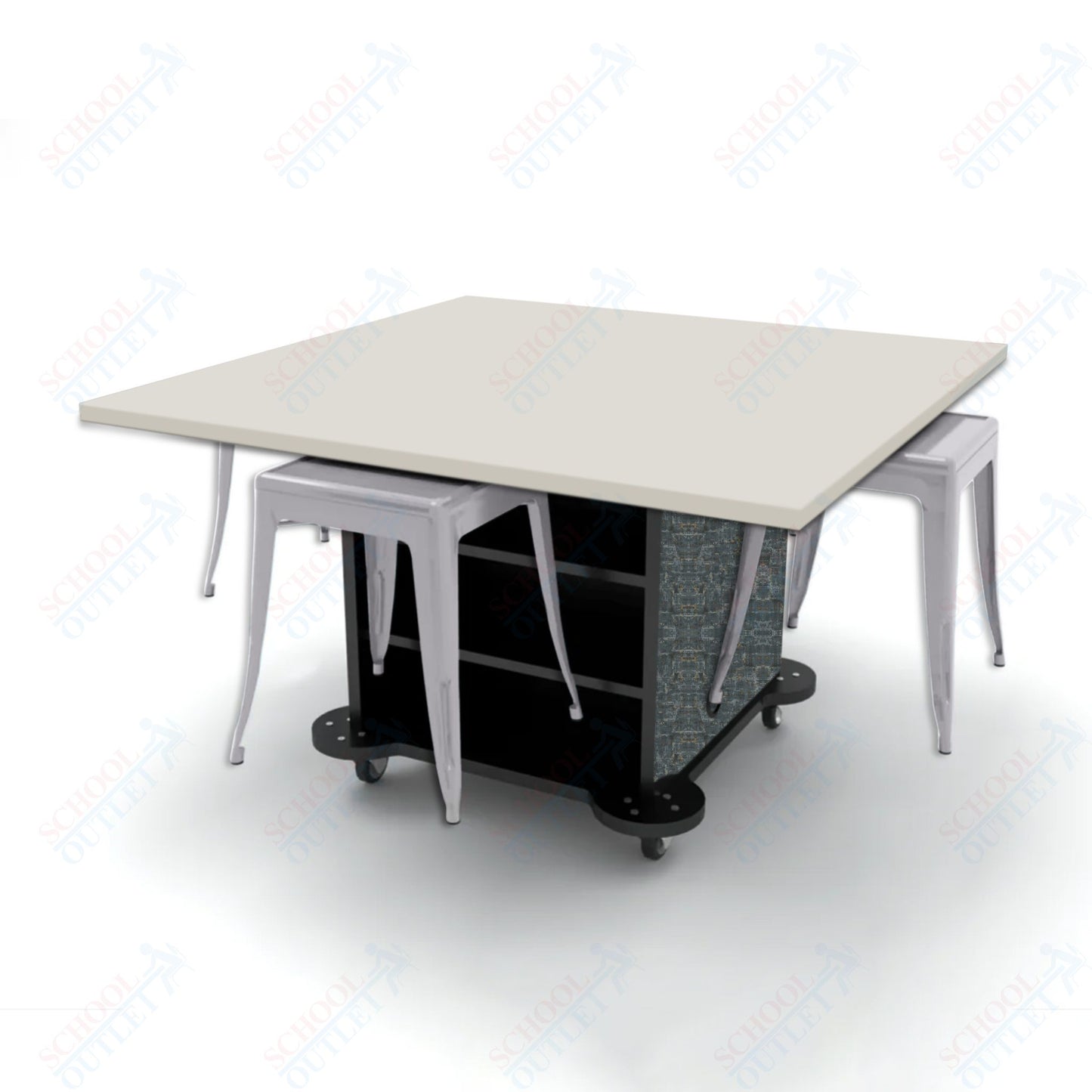 CEF Creation Cube Double-Sided Storage Table - 30"H, High-Pressure Laminate Base and Square Top - 4 Metal Stools Included