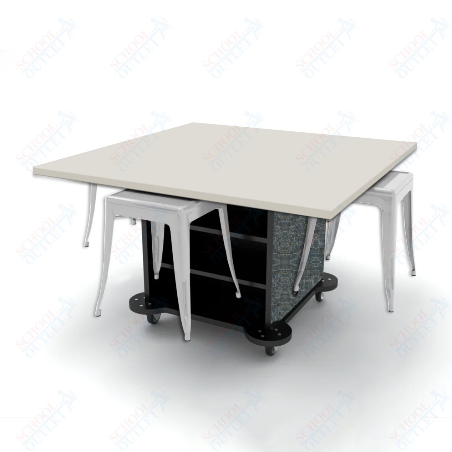 CEF Creation Cube Double-Sided Storage Table - 30"H, High-Pressure Laminate Base and Square Top - 4 Metal Stools Included