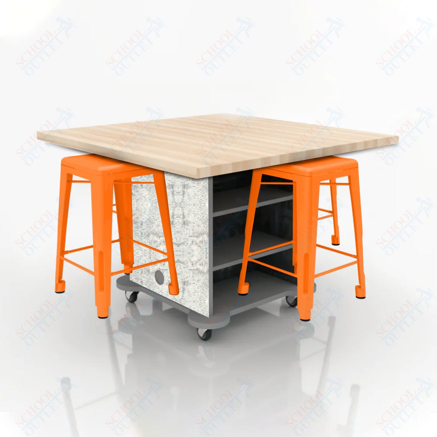 CEF Creation Cube Double-Sided Storage Table - 34"H, Square Butcher Block Top, High-Pressure Laminate Base and 4 Metal Stools Included