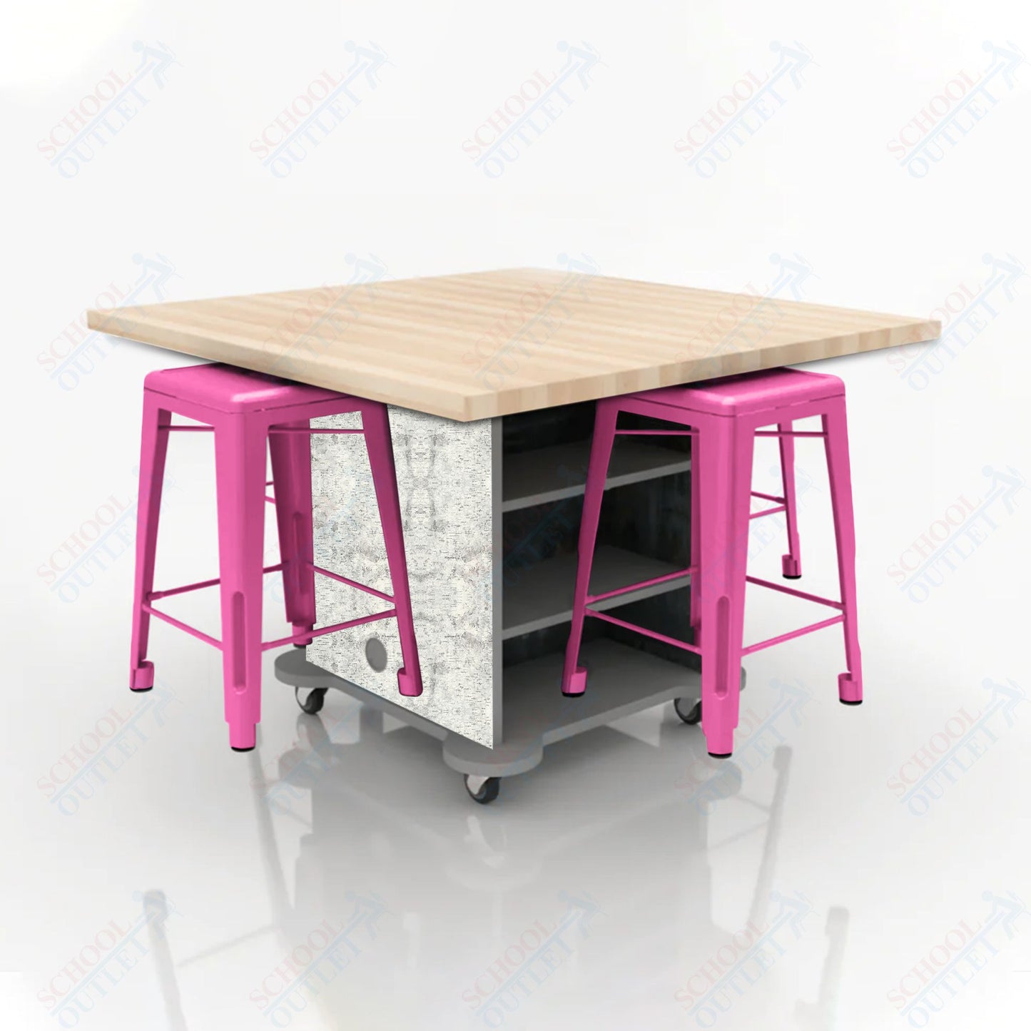 CEF Creation Cube Double-Sided Storage Table - 34"H, Square Butcher Block Top, High-Pressure Laminate Base and 4 Metal Stools Included