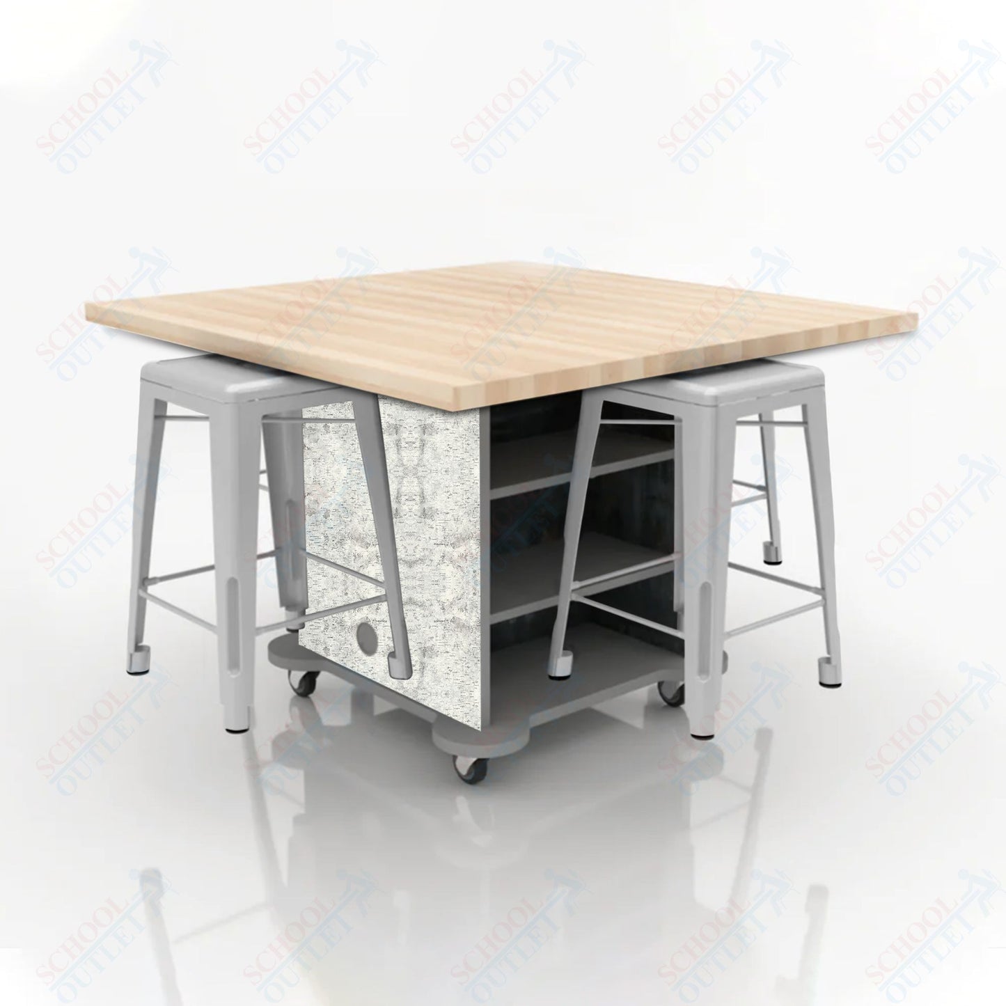 CEF Creation Cube Double-Sided Storage Table - 34"H, Square Butcher Block Top, High-Pressure Laminate Base and 4 Metal Stools Included
