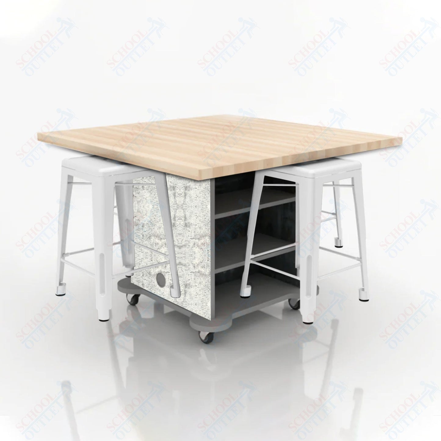 CEF Creation Cube Double-Sided Storage Table - 34"H, Square Butcher Block Top, High-Pressure Laminate Base and 4 Metal Stools Included