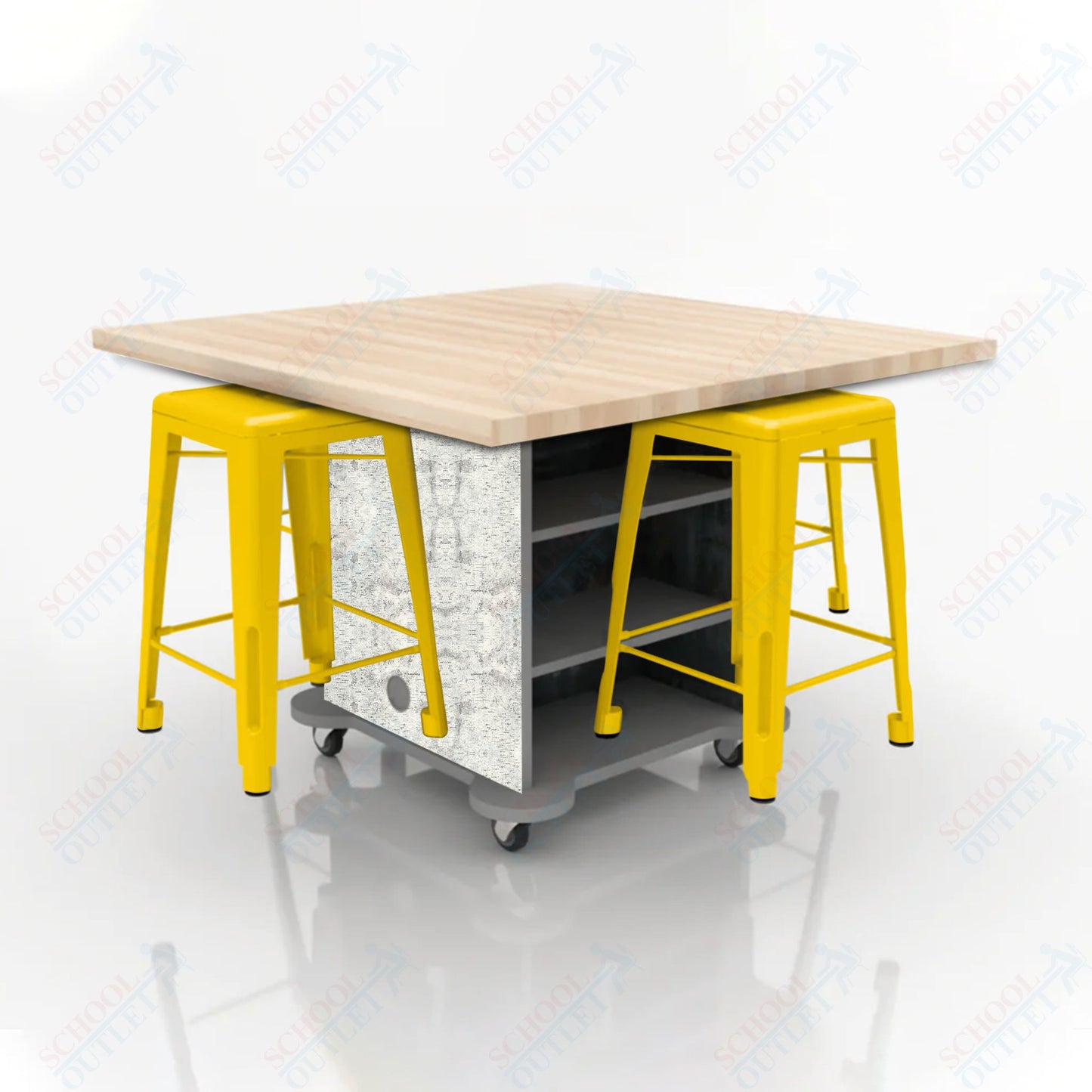 CEF Creation Cube Double-Sided Storage Table - 34"H, Square Butcher Block Top, High-Pressure Laminate Base and 4 Metal Stools Included