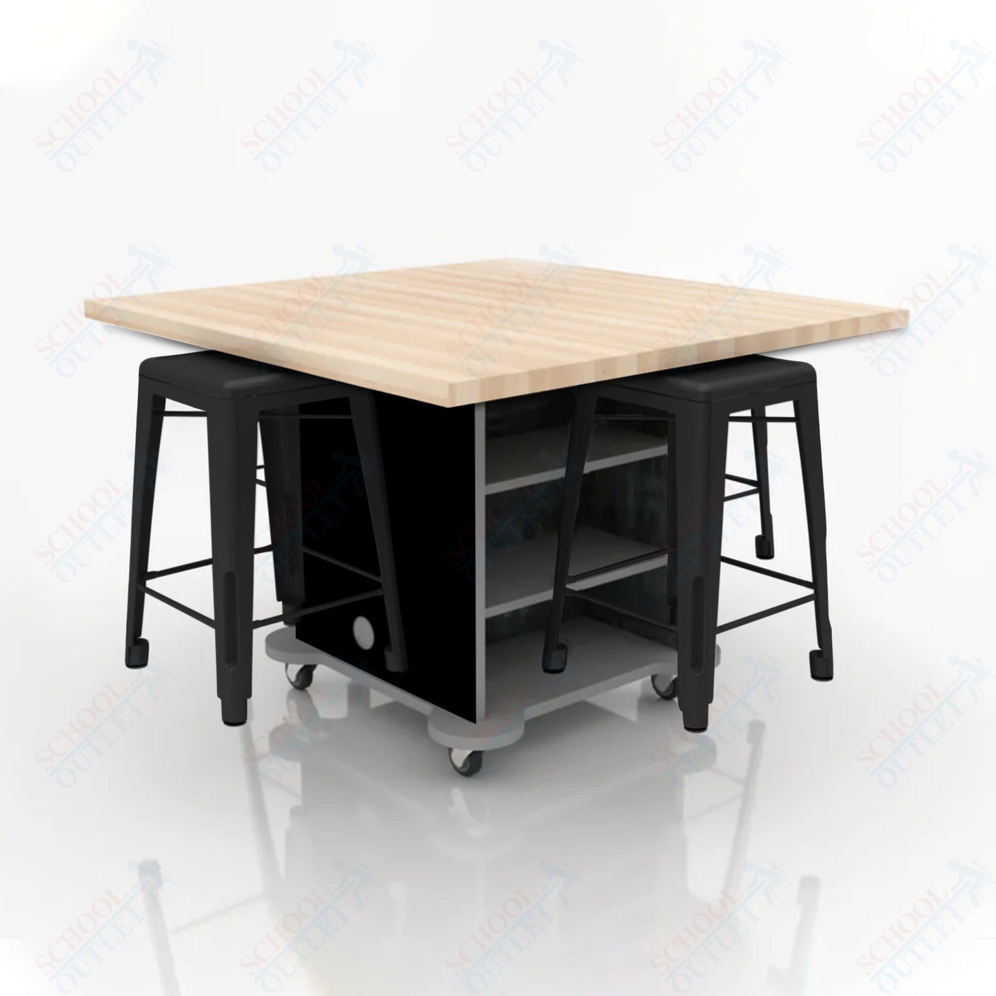 CEF Creation Cube Double-Sided Storage Table - 34"H, Square Butcher Block Top, High-Pressure Laminate Base and 4 Metal Stools Included