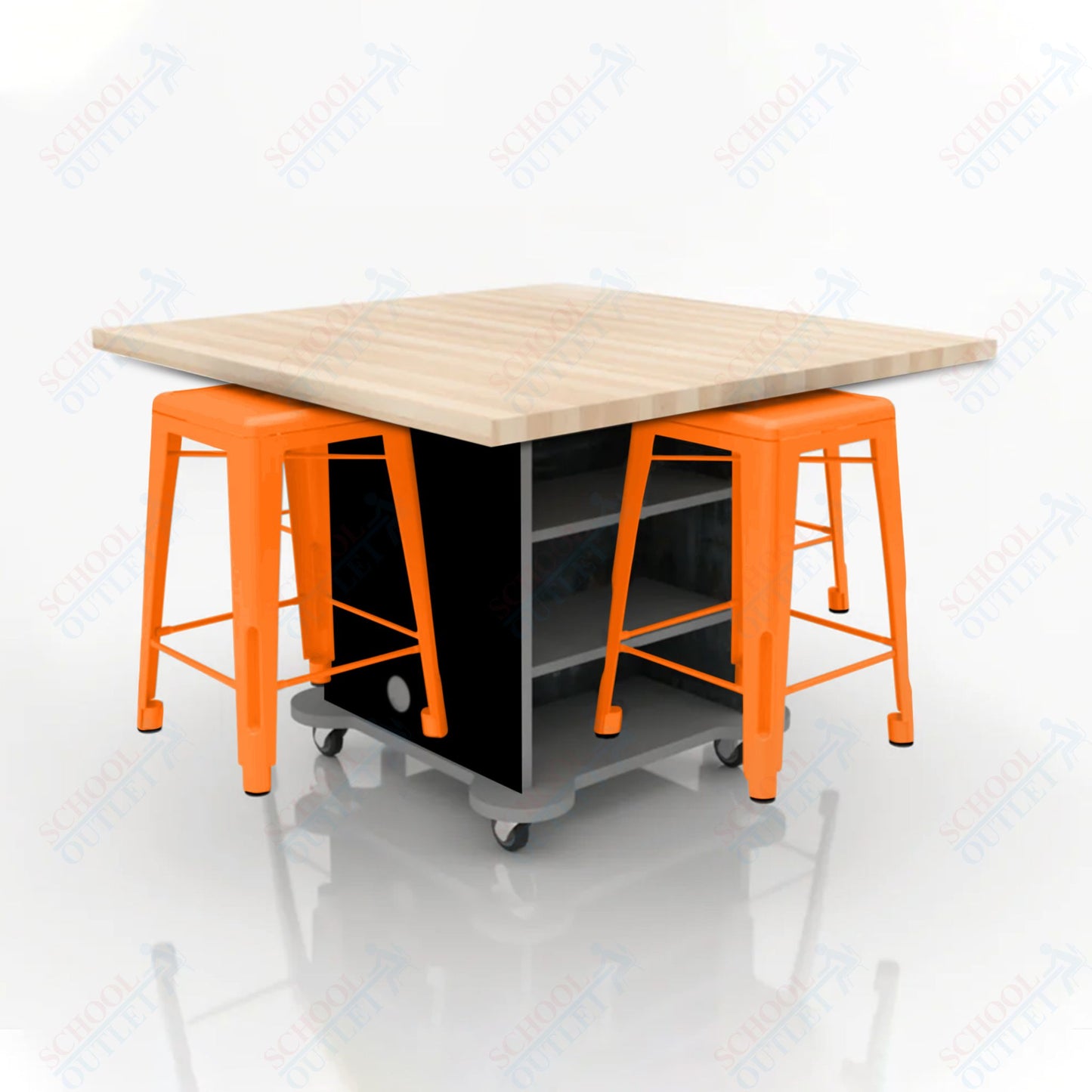 CEF Creation Cube Double-Sided Storage Table - 34"H, Square Butcher Block Top, High-Pressure Laminate Base and 4 Metal Stools Included