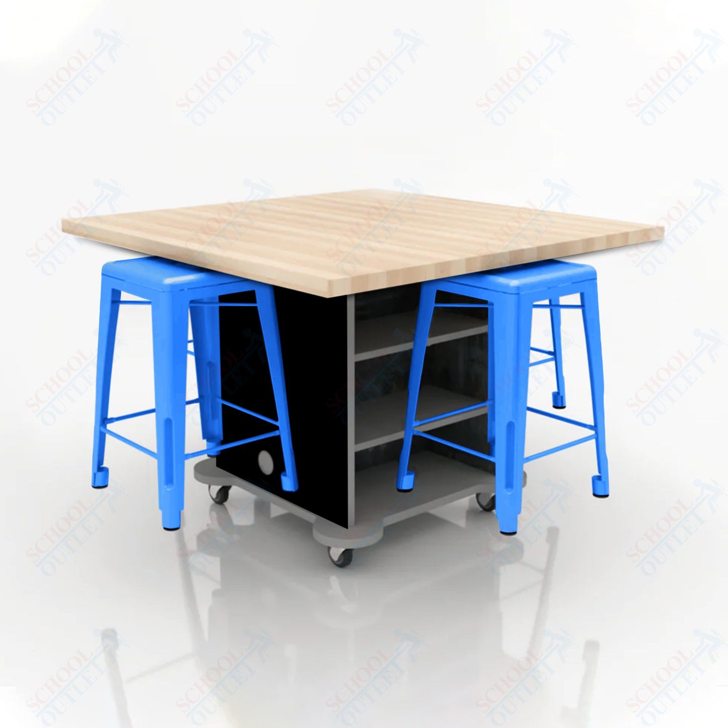 CEF Creation Cube Double-Sided Storage Table - 34"H, Square Butcher Block Top, High-Pressure Laminate Base and 4 Metal Stools Included