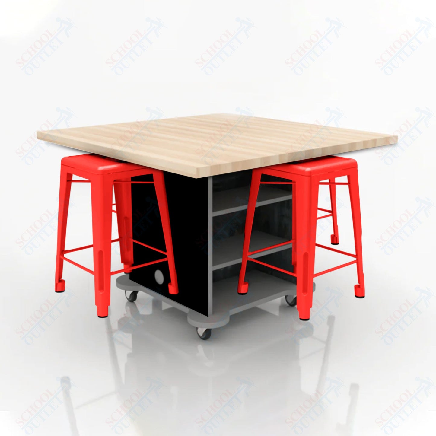 CEF Creation Cube Double-Sided Storage Table - 34"H, Square Butcher Block Top, High-Pressure Laminate Base and 4 Metal Stools Included