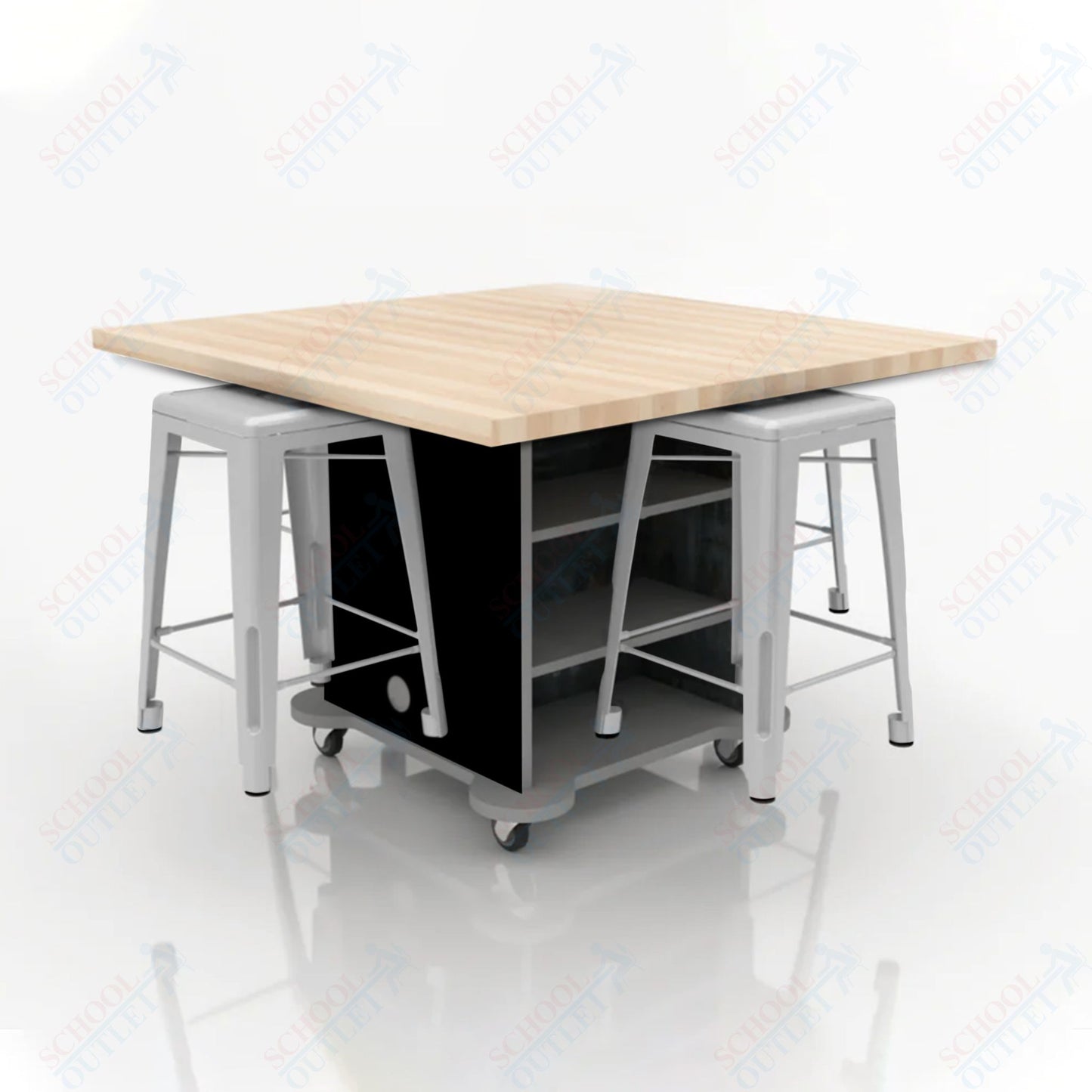 CEF Creation Cube Double-Sided Storage Table - 34"H, Square Butcher Block Top, High-Pressure Laminate Base and 4 Metal Stools Included