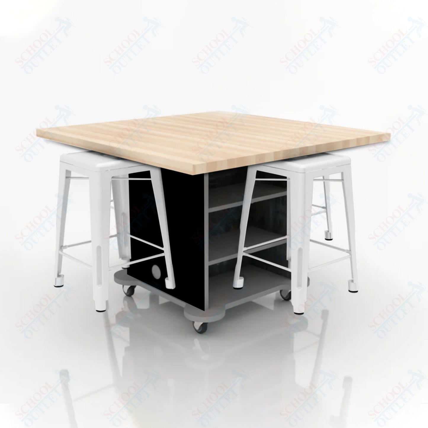 CEF Creation Cube Double-Sided Storage Table - 34"H, Square Butcher Block Top, High-Pressure Laminate Base and 4 Metal Stools Included