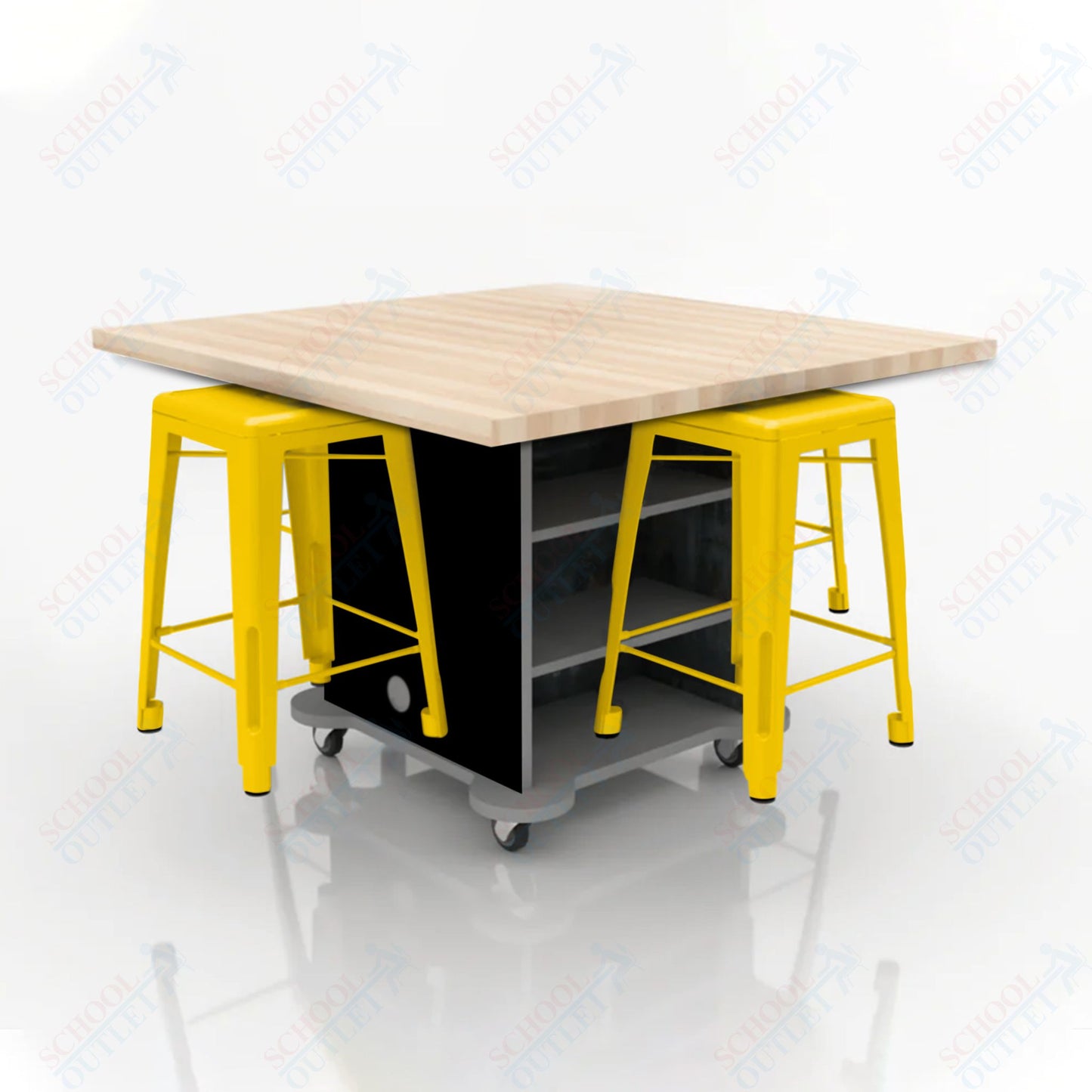 CEF Creation Cube Double-Sided Storage Table - 34"H, Square Butcher Block Top, High-Pressure Laminate Base and 4 Metal Stools Included
