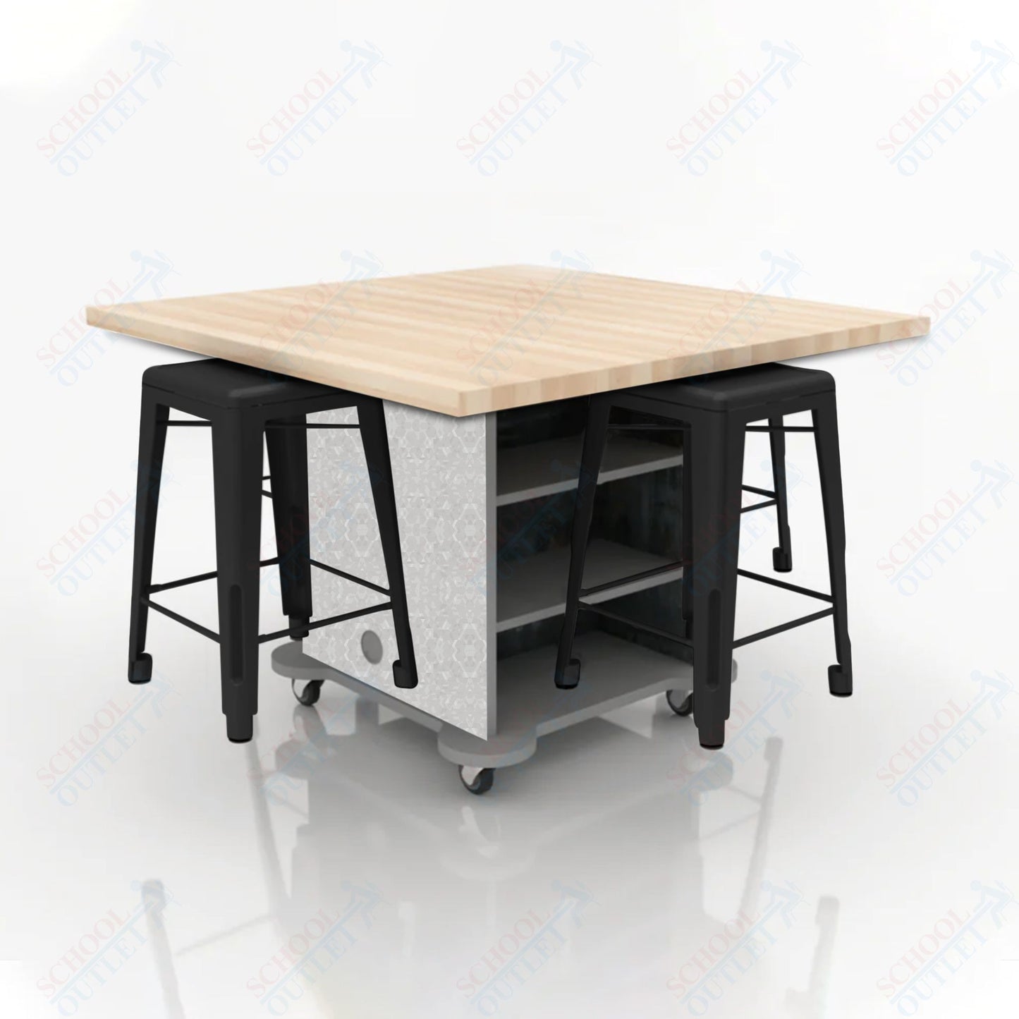 CEF Creation Cube Double-Sided Storage Table - 34"H, Square Butcher Block Top, High-Pressure Laminate Base and 4 Metal Stools Included