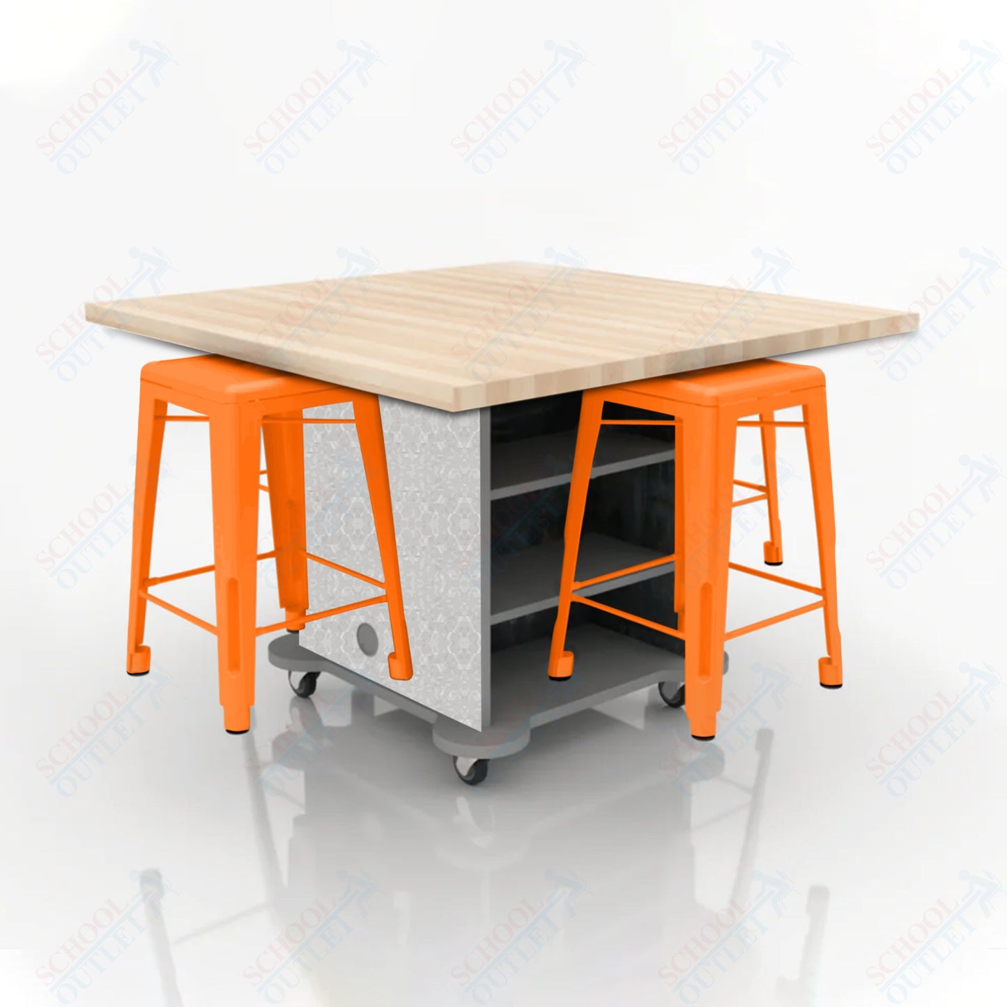 CEF Creation Cube Double-Sided Storage Table - 34"H, Square Butcher Block Top, High-Pressure Laminate Base and 4 Metal Stools Included